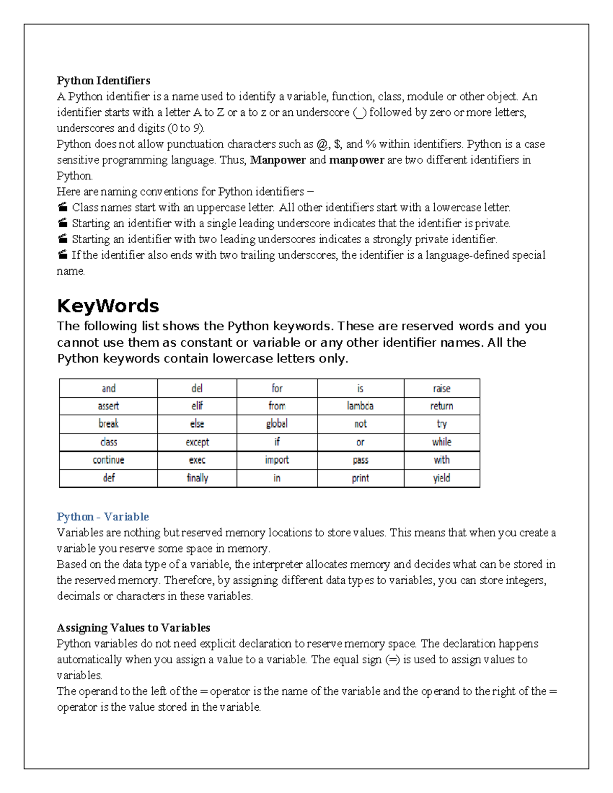Python Unit I Lecture Notes: Identifiers, Variables, and Data Types ...