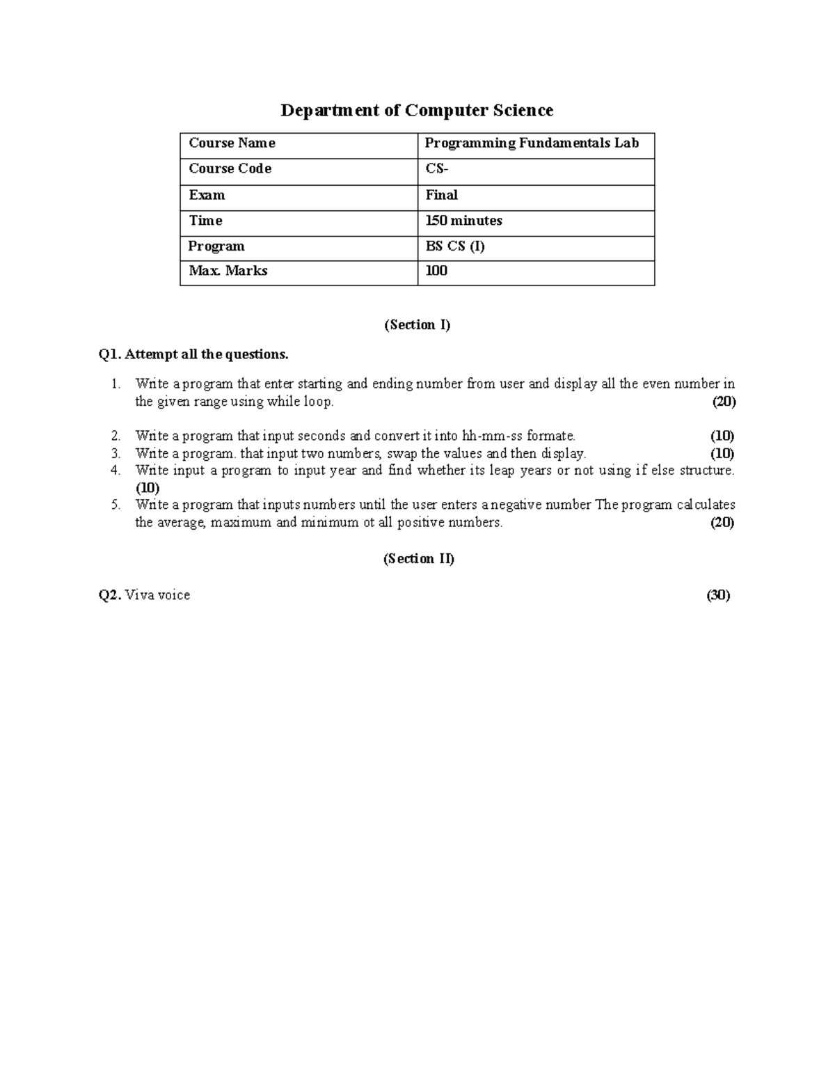 Mid Term Exam - Programming Fundamentals Lab (BS CS I) - Studocu