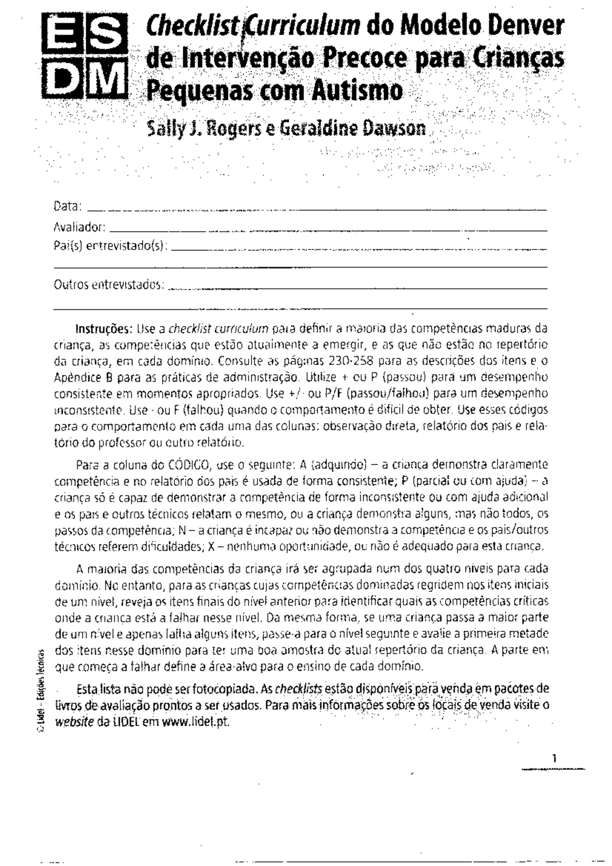 ESDM - ESDM - ES Checklist Curriculum do Modelo Denver DM de ...