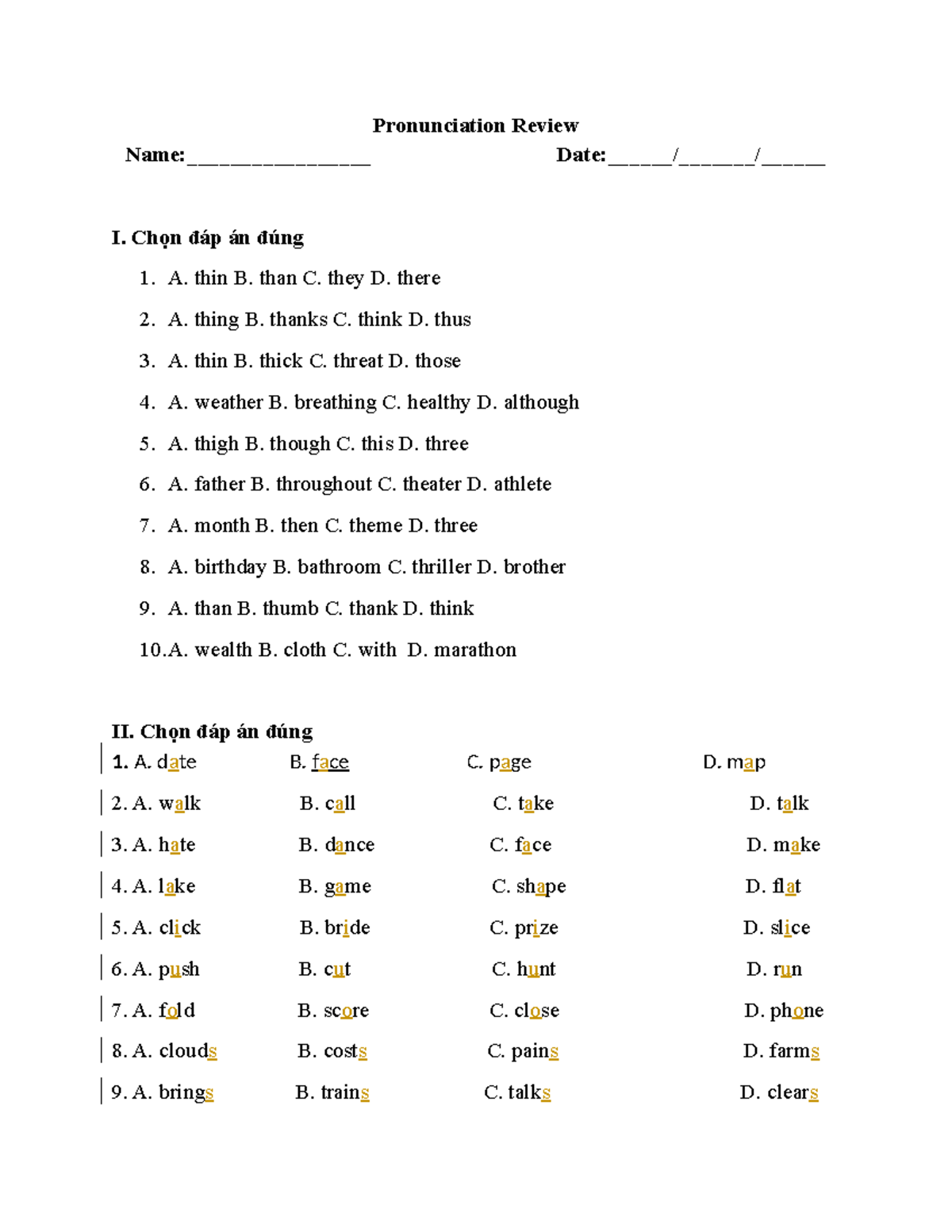 Pronunciation Review I: Multiple Choice Questions - Studocu