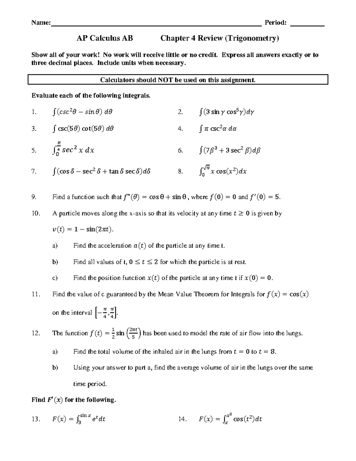 AP Calculus AB Ch 4 Test Review (Trigonometry) - Studocu
