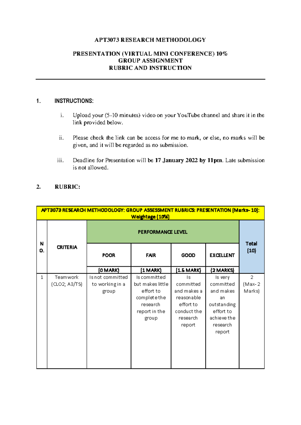 Rubric and Guideline Presentation L3 - APT3073 RESEARCH METHODOLOGY ...