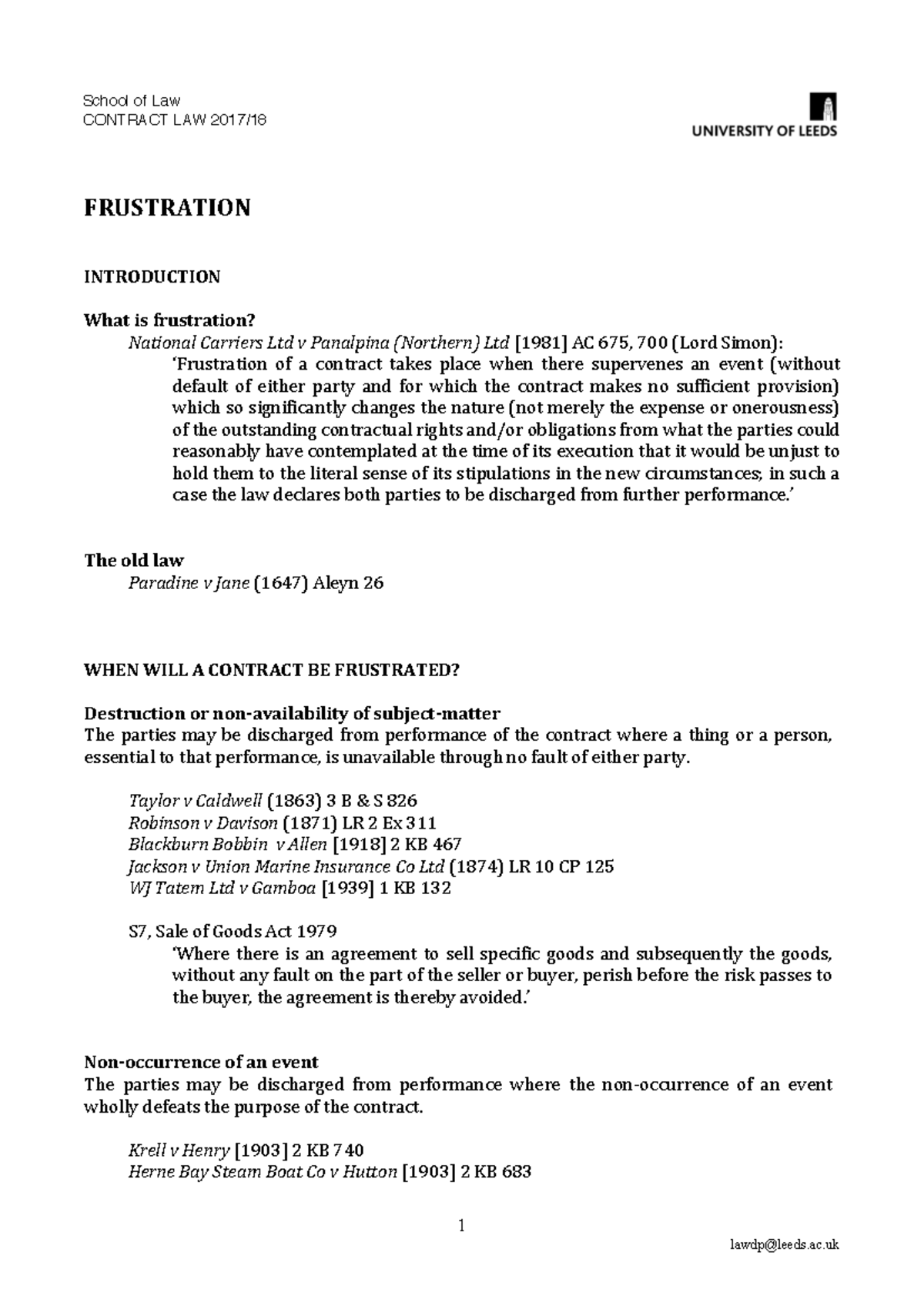 Contract Law 1718: Lecture Handout on Frustration of Contracts - Studocu