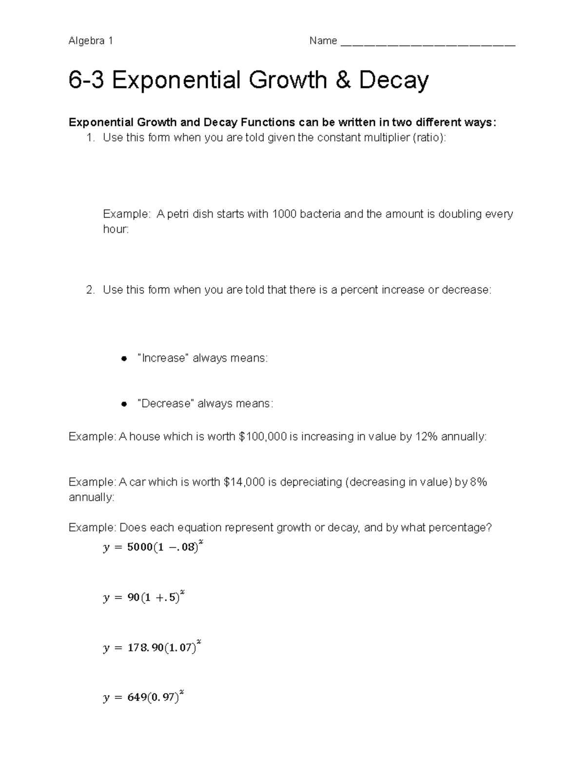 Algebra 1 (6-3) Notes on Exponential Growth & Decay Functions - Studocu