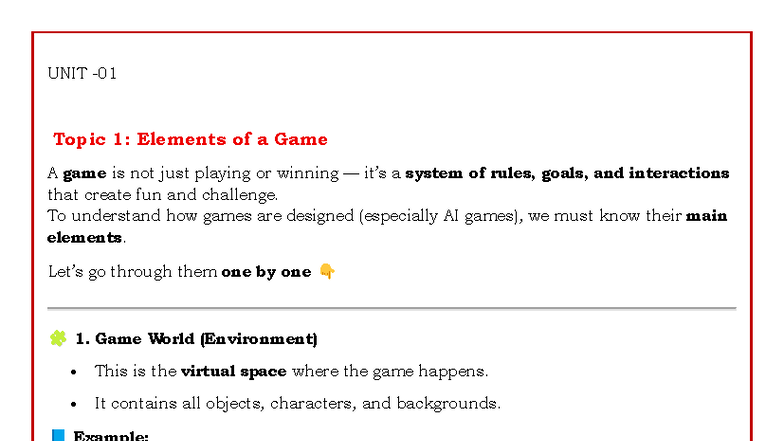 UNIT-01 GD SEM Prep: Elements & Architecture of Games - Studocu
