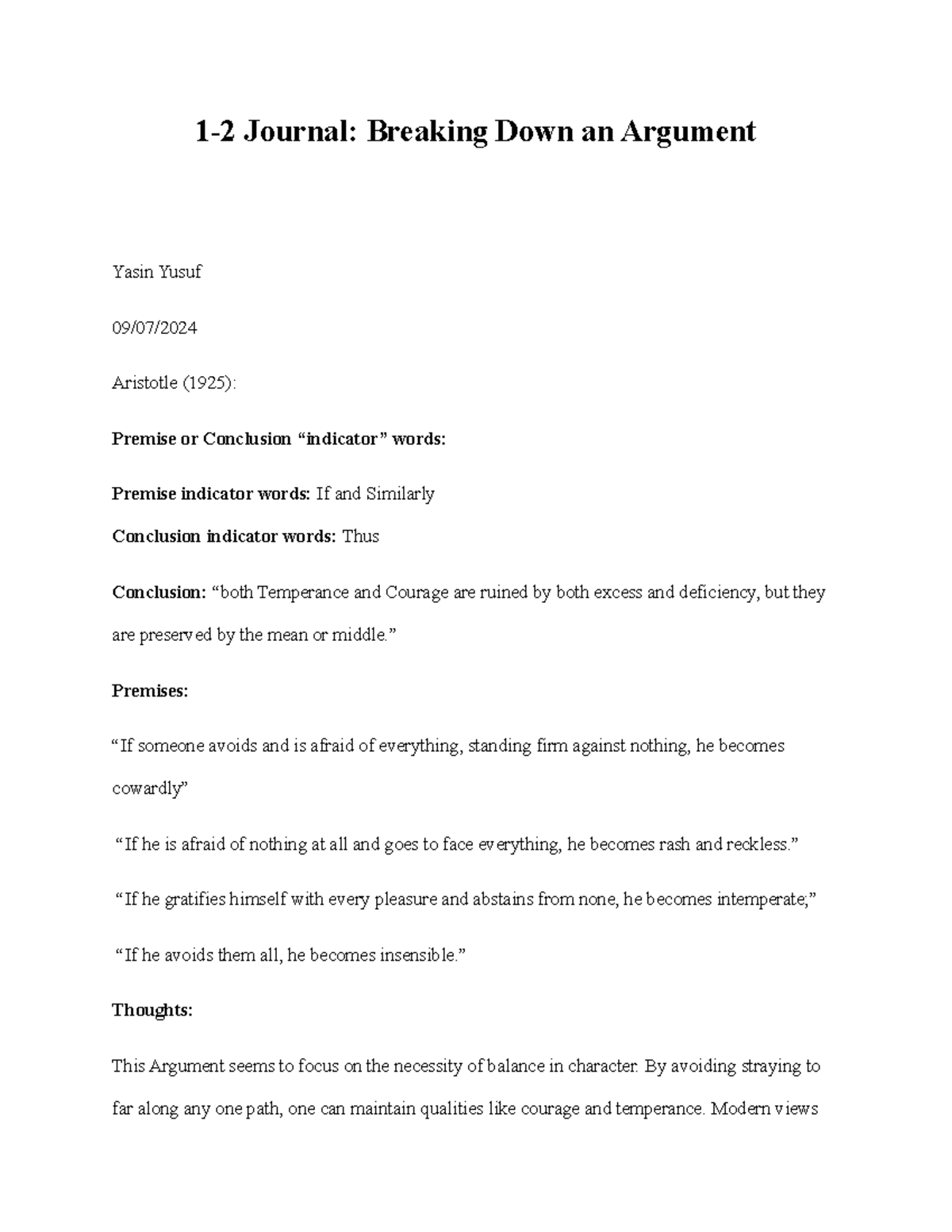 1-2 Journal: Analyzing Arguments on Temperance and Courage - Studocu