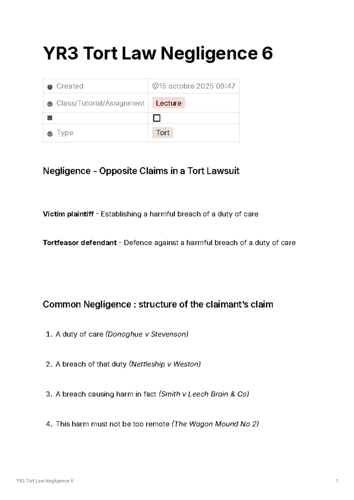 YR3 Tort Law Negligence Lecture Notes: Key Cases & Principles - Studocu