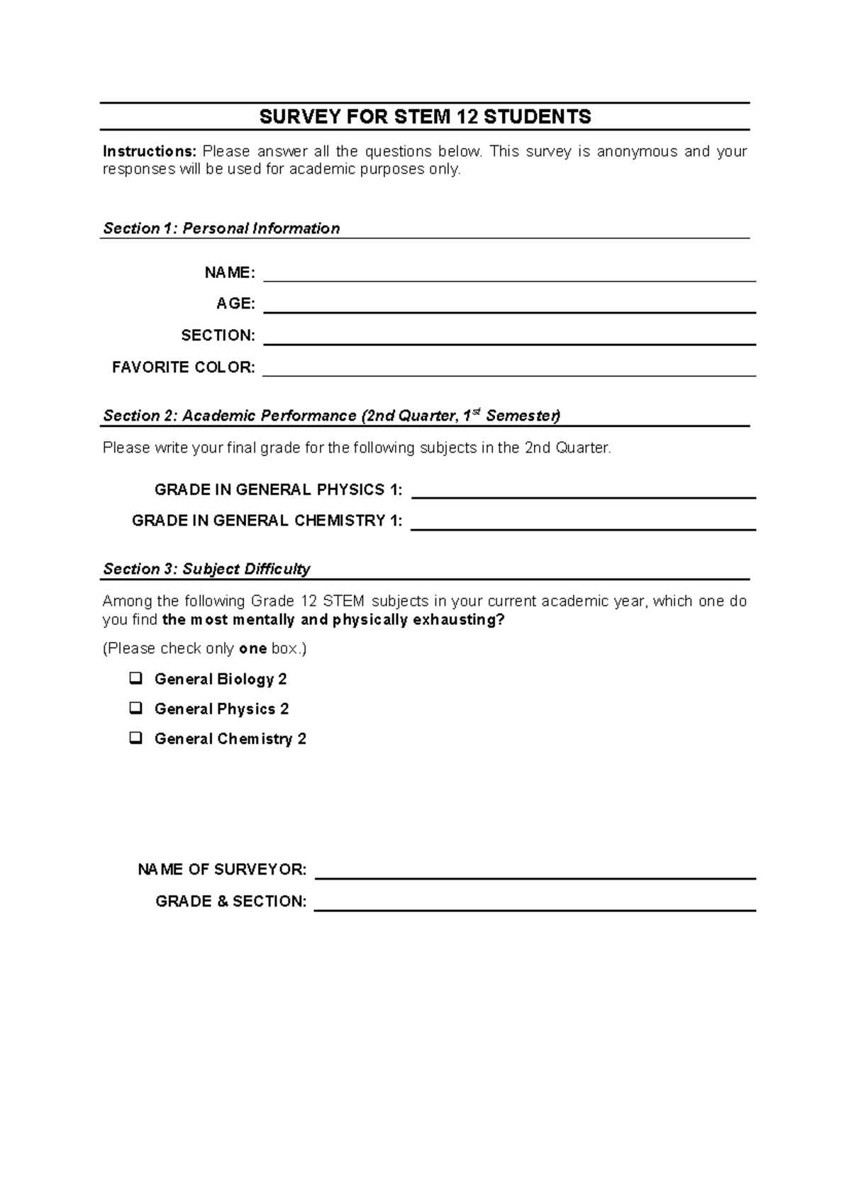 STEM 12 Student Survey: Academic Performance & Subject Difficulty - Studocu