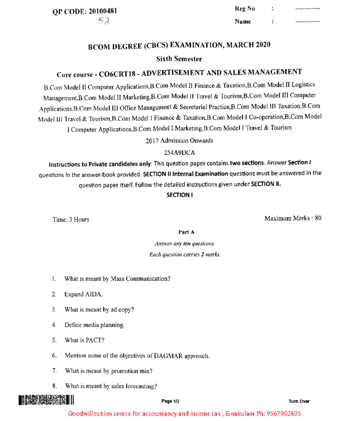 B.Com question papers 2020 to 2023 CBCS 6th sem Advertisement and Sales ...