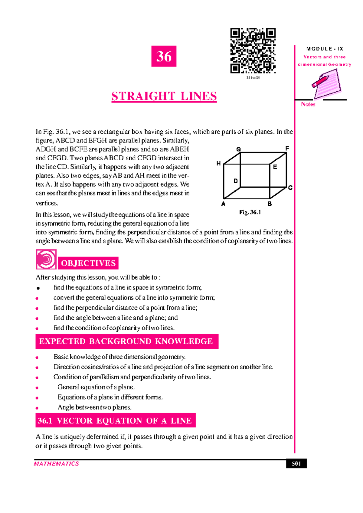 MATHEMATICS 501 Straight Lines MODULE IX: Vectors & 3D Geometry Notes ...
