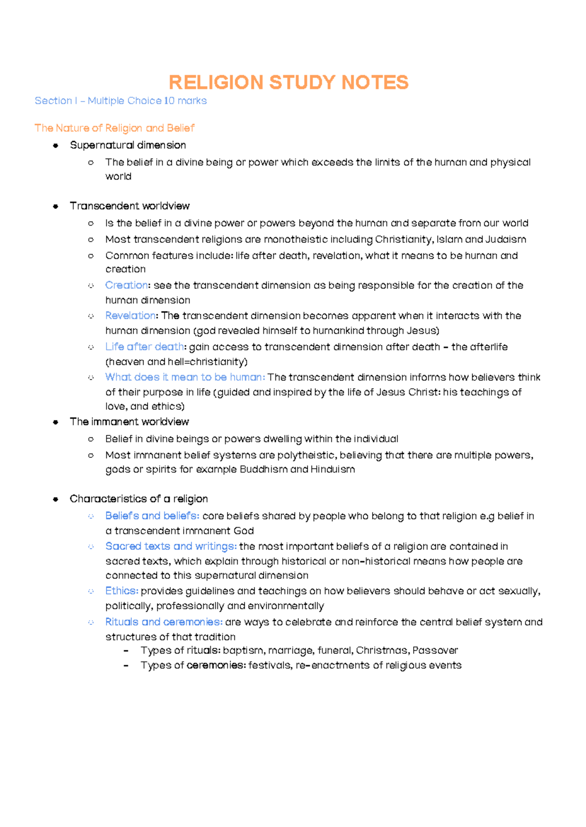 Religion Study Notes: Nature of Belief & Aboriginal Spirituality - Studocu