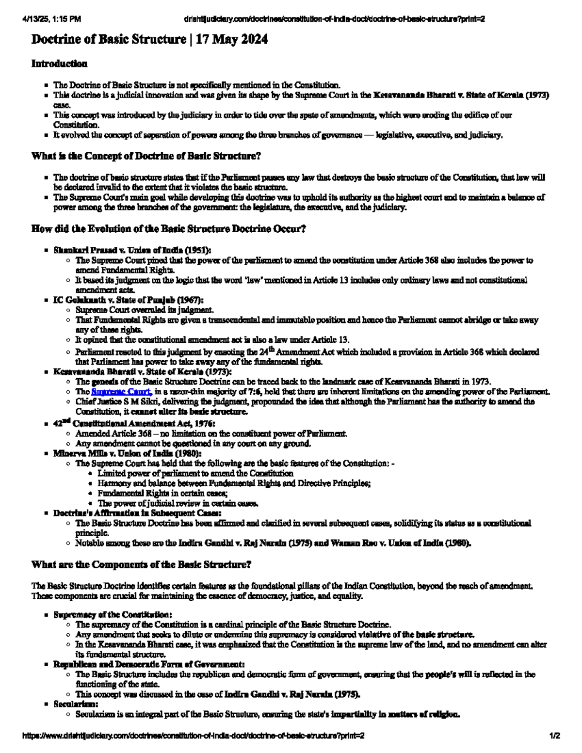 1:15 PM Doctrine of Basic Structure - Key Cases & Principles - Studocu