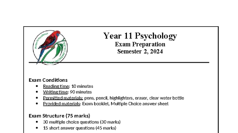 U2 Psychology Exam Revision Guide - Year 11 Semester 2, 2024 - Studocu