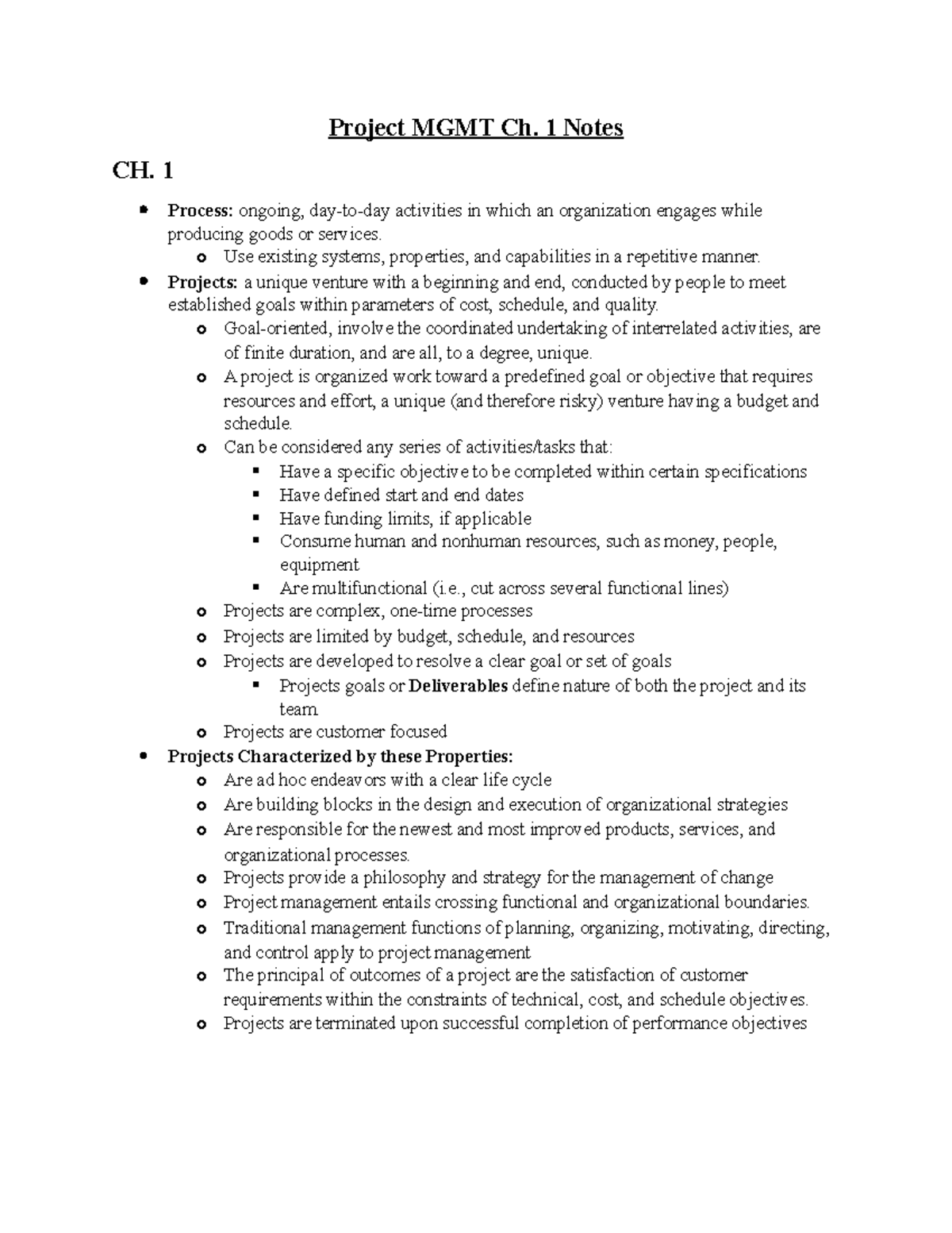 2021 – BMGT 422 Project Management - Ch 1 & 2 Notes - Project MGMT Ch ...