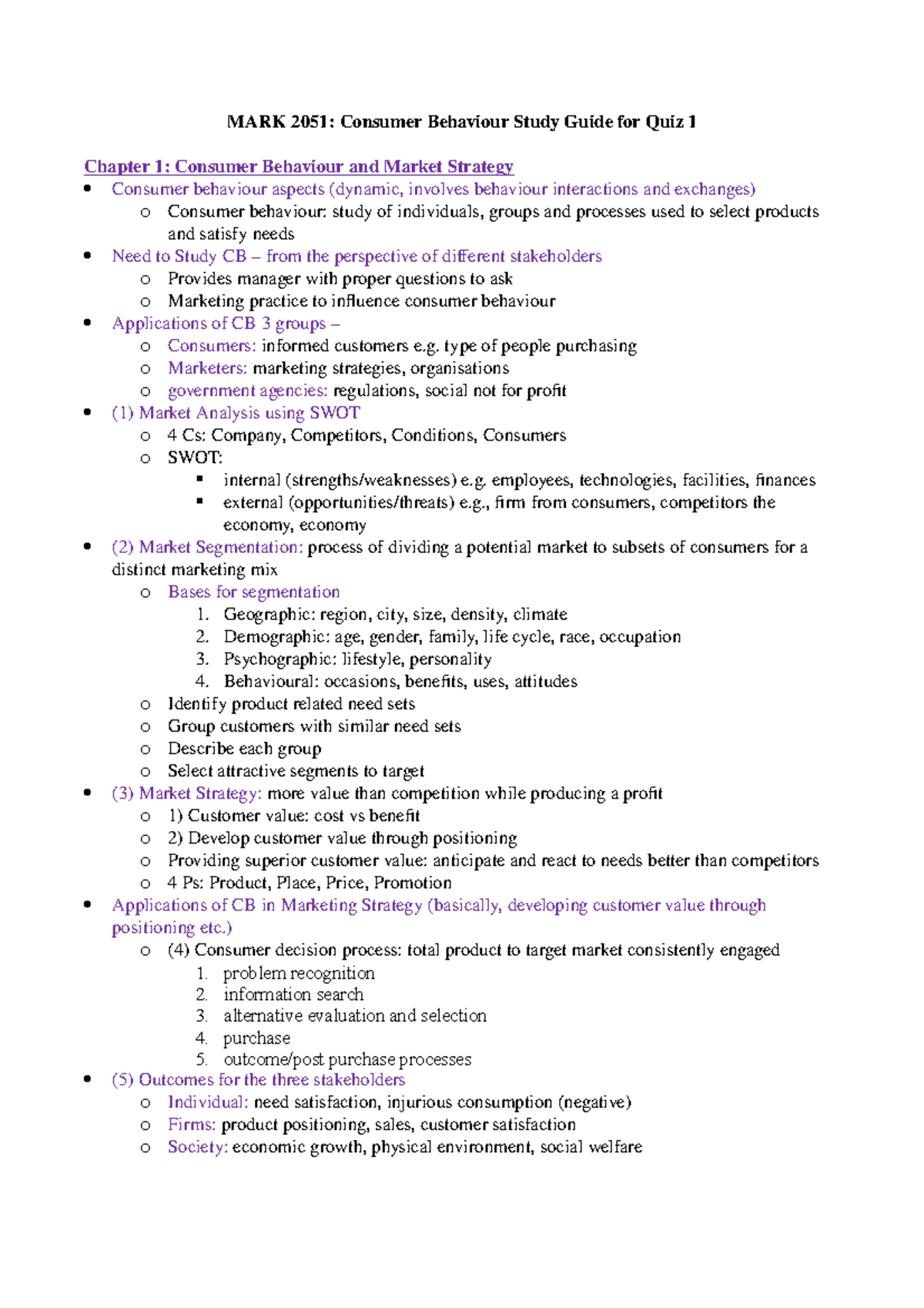 Quiz 1 Notes - MARK 2051: Consumer Behaviour Study Guide for Quiz 1 ...