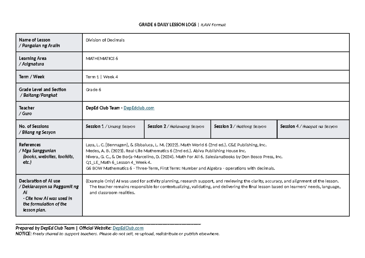 DTC ILAW DLL Mathematics 6 T1 W4: Division of Decimals Lesson Plan ...