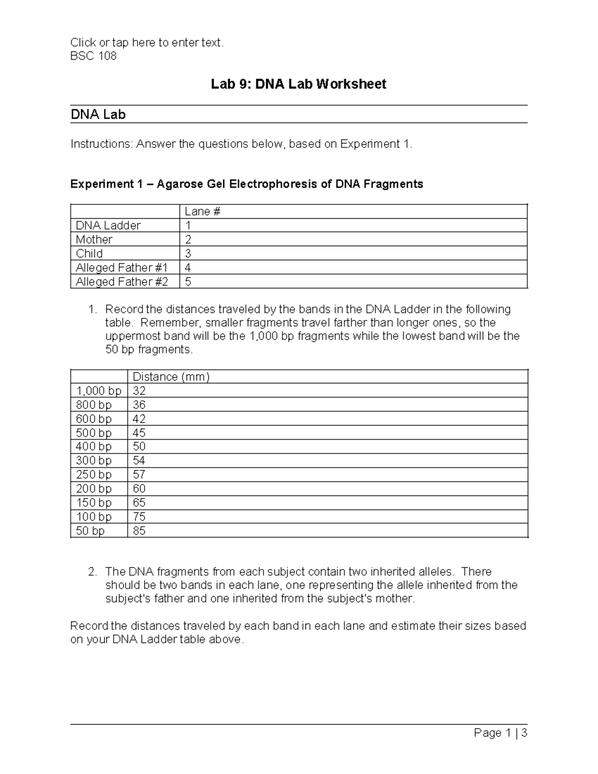 BSC 108 Lab 9: DNA Lab Worksheet and Analysis - Studocu