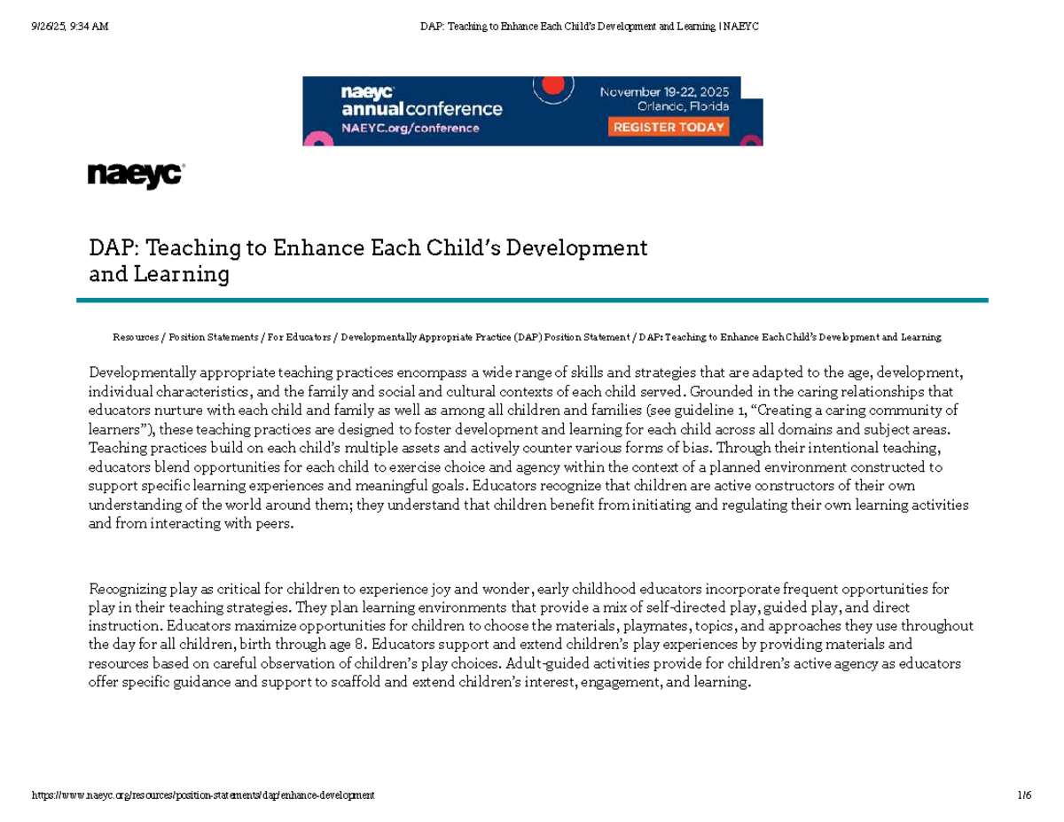 DAP: Enhancing Child Development & Learning Strategies NAEYC - Studocu