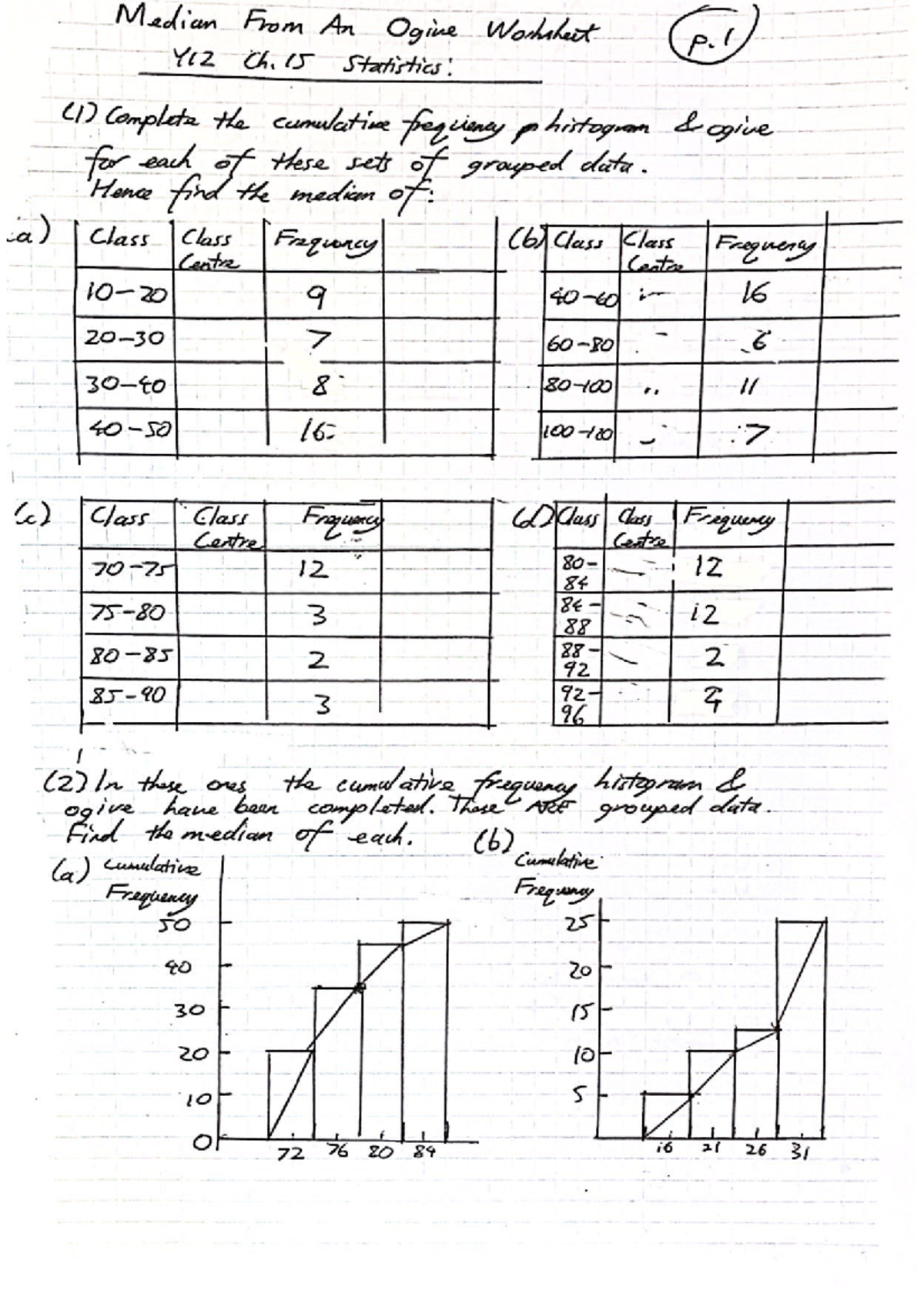 Median from Ogive Worksheet Y12 Ch. 15 Statistics - Studocu