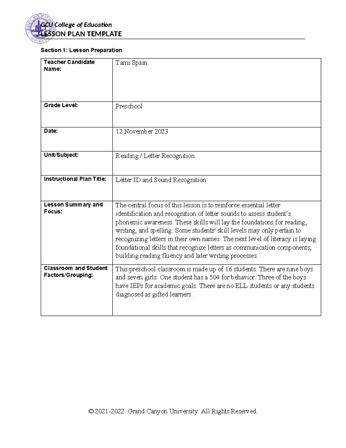 Topic 7 Lesson Plan: Data-Driven Letter Recognition for Preschool - Studocu
