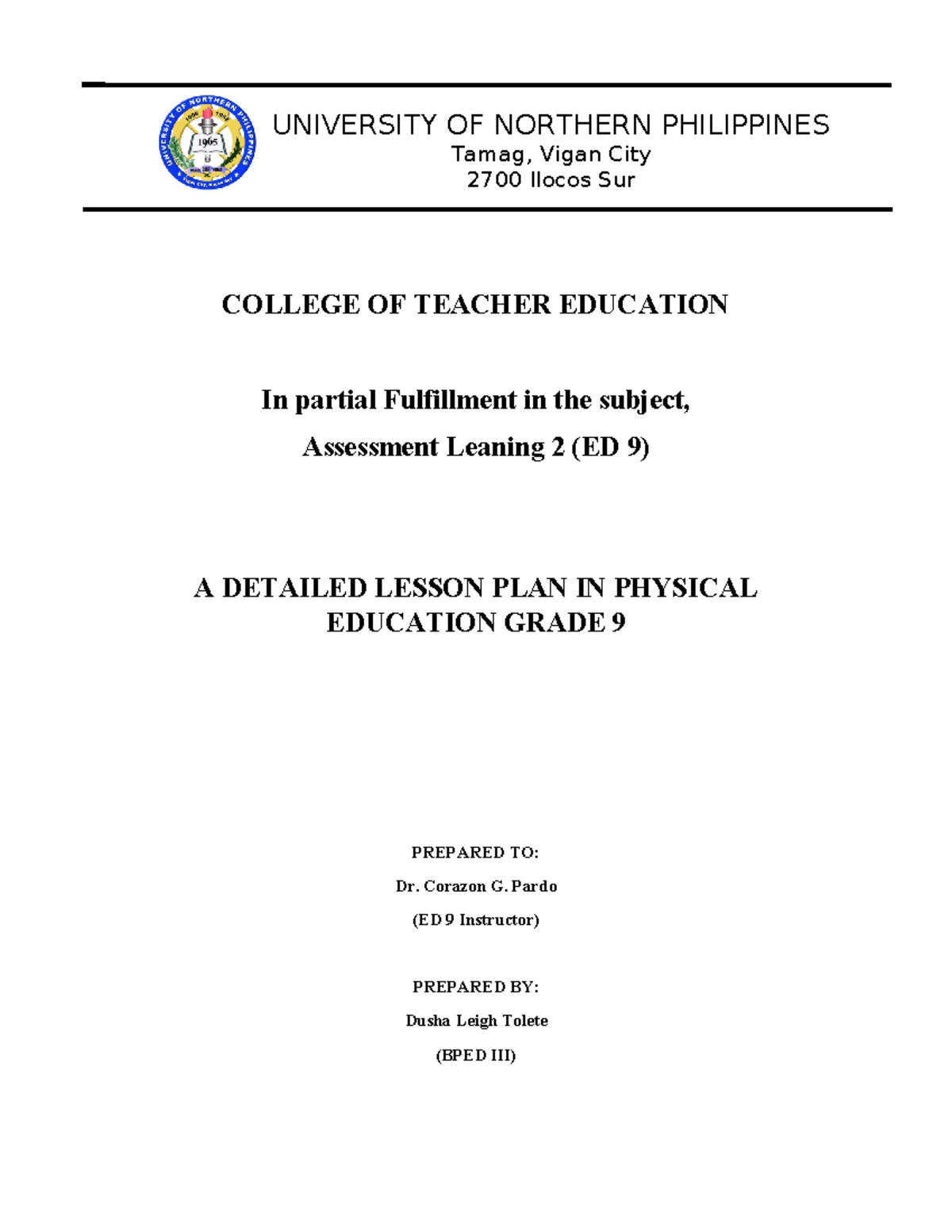 Detailed Lesson Plan for Physical Education 9 (ED 9) on Recreation ...