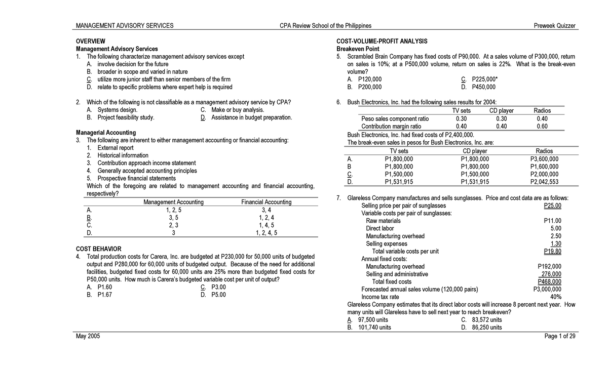 Management Advisory Services & Managerial Accounting CPA Review Notes ...
