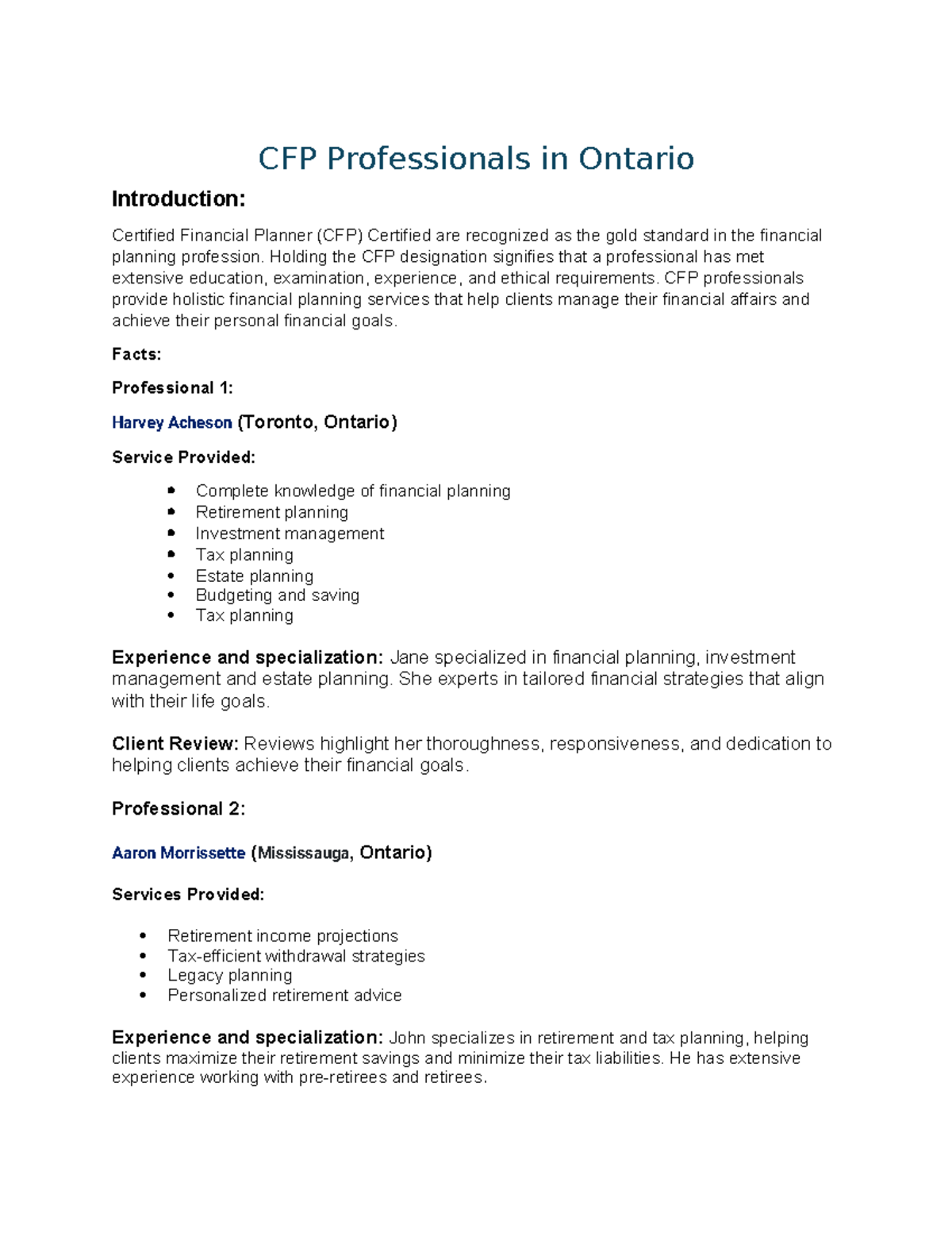 Week 9 - Very helpful - CFP Professionals in Ontario Introduction ...