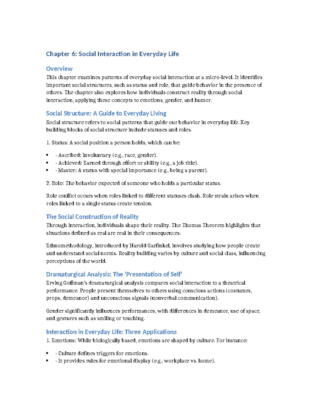 SOC 101: Chapter 6 Notes on Social Interaction in Everyday Life - Studocu