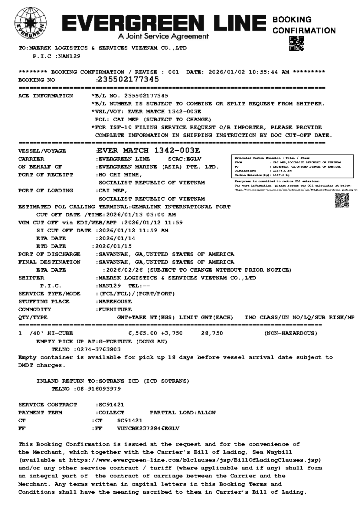 Booking Confirmation for Evergreen Shipment - 235502177345 - Studocu