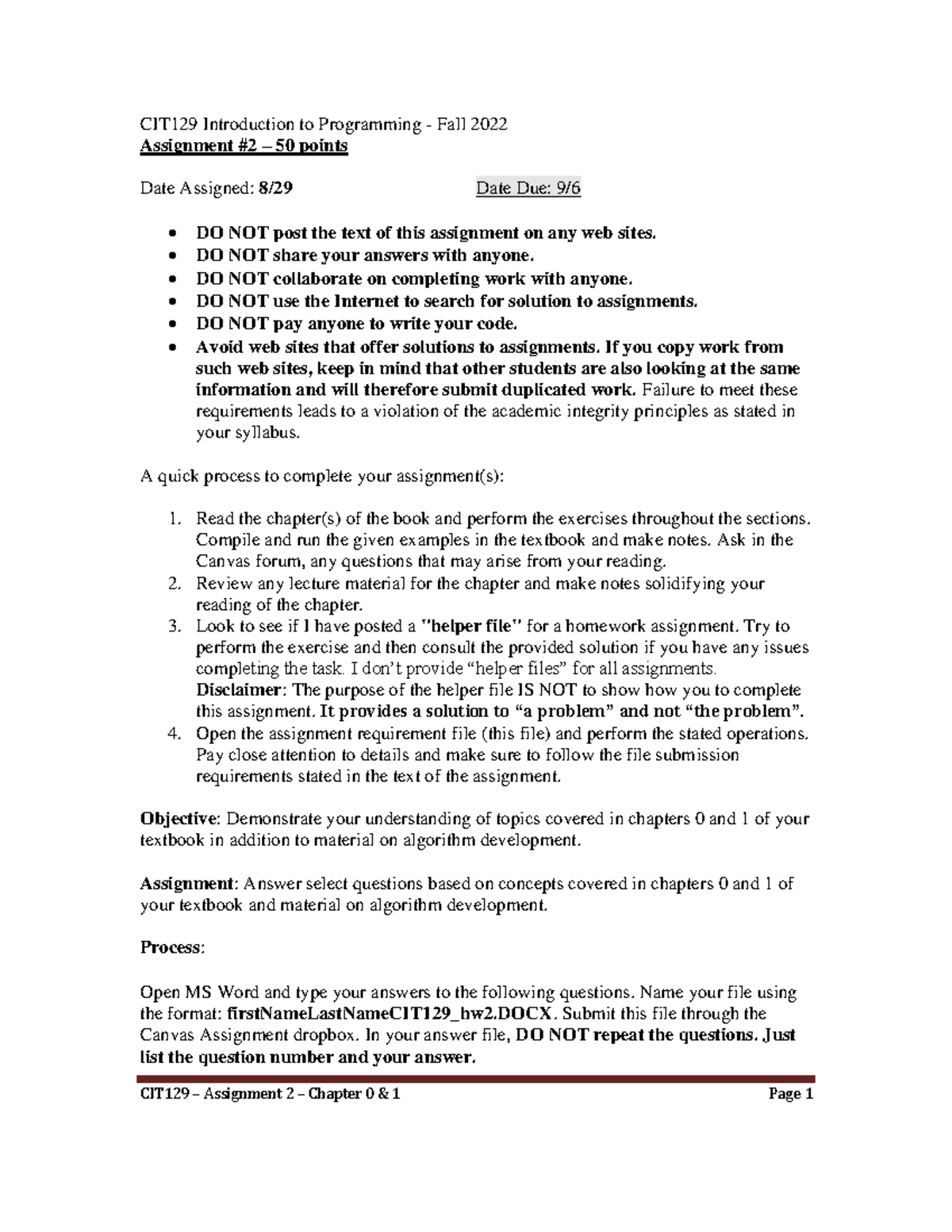 Cit129 FA22 hw2 ch0 1-1 2 - CIT129 – Assignment 2 – Chapter 0 & 1 Page ...