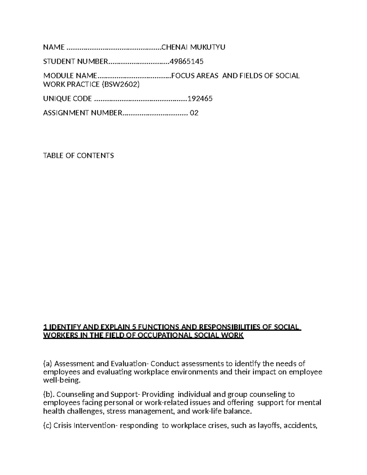 BSW2602 Assignment 02: Social Work Functions & Welfare Contexts in SA ...