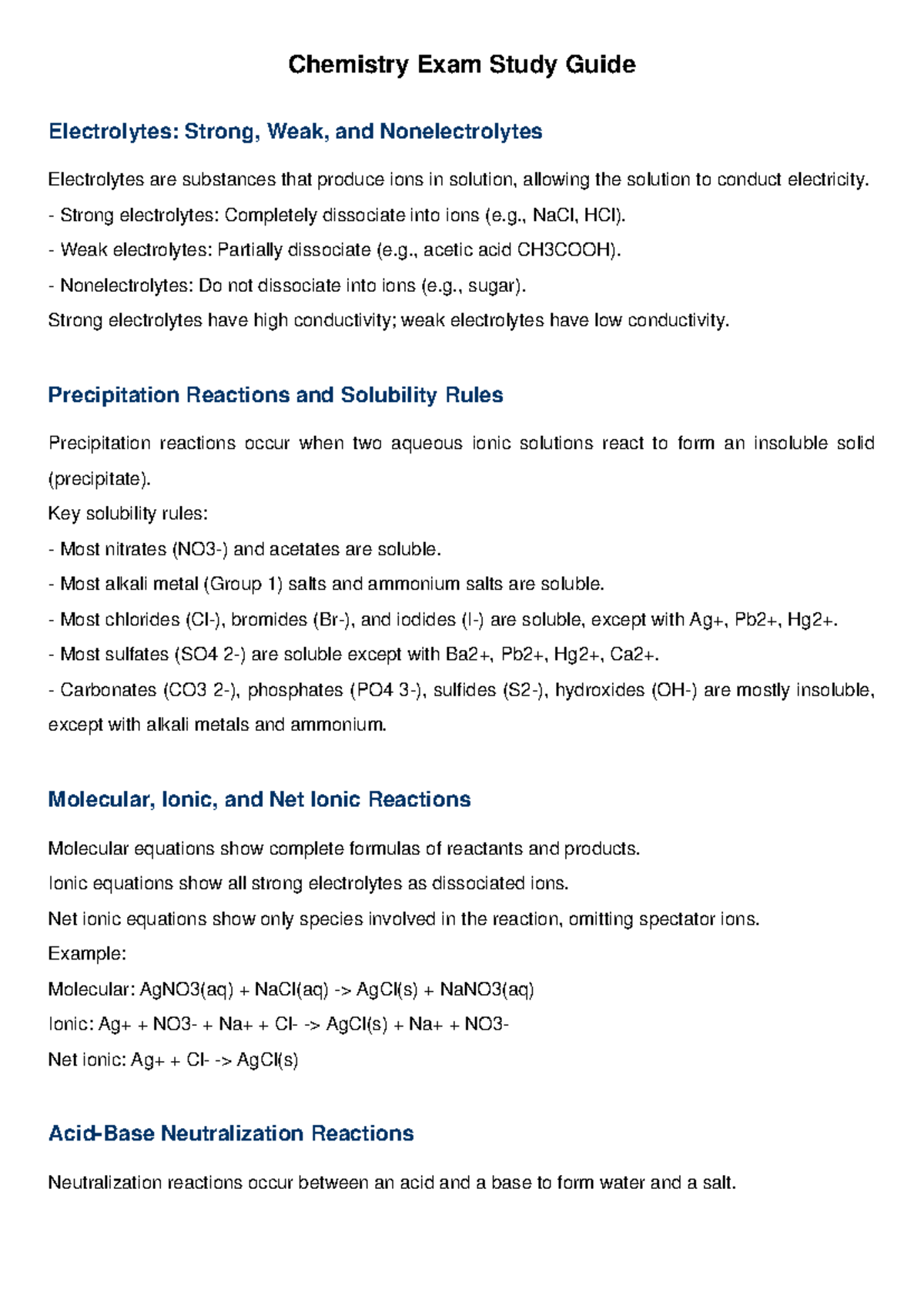 Chemistry Exam Study Guide: Electrolytes, Reactions, and Molarity - Studocu