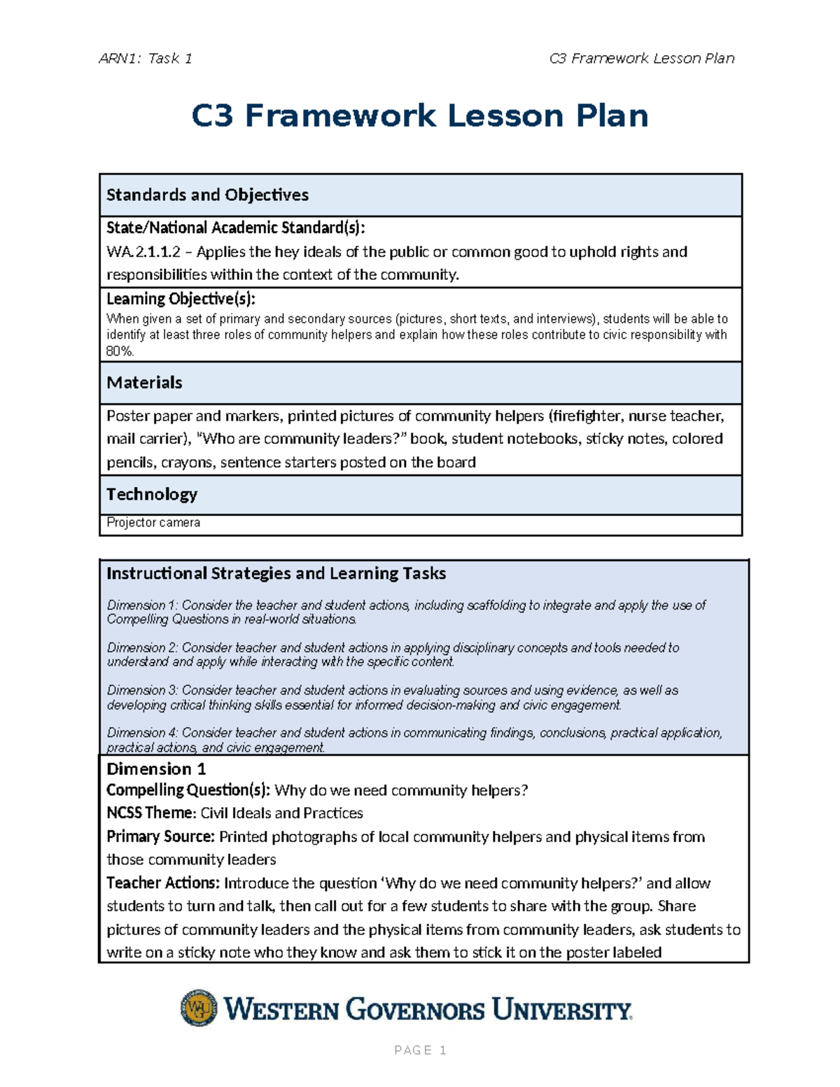 ARN1: Task 1 C3 Framework Lesson Plan on Community Helpers - Studocu