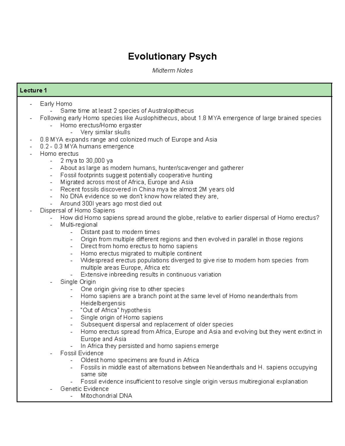 Evolutionary Psych 1 Midterm Notes: Early Homo and Human Origins - Studocu