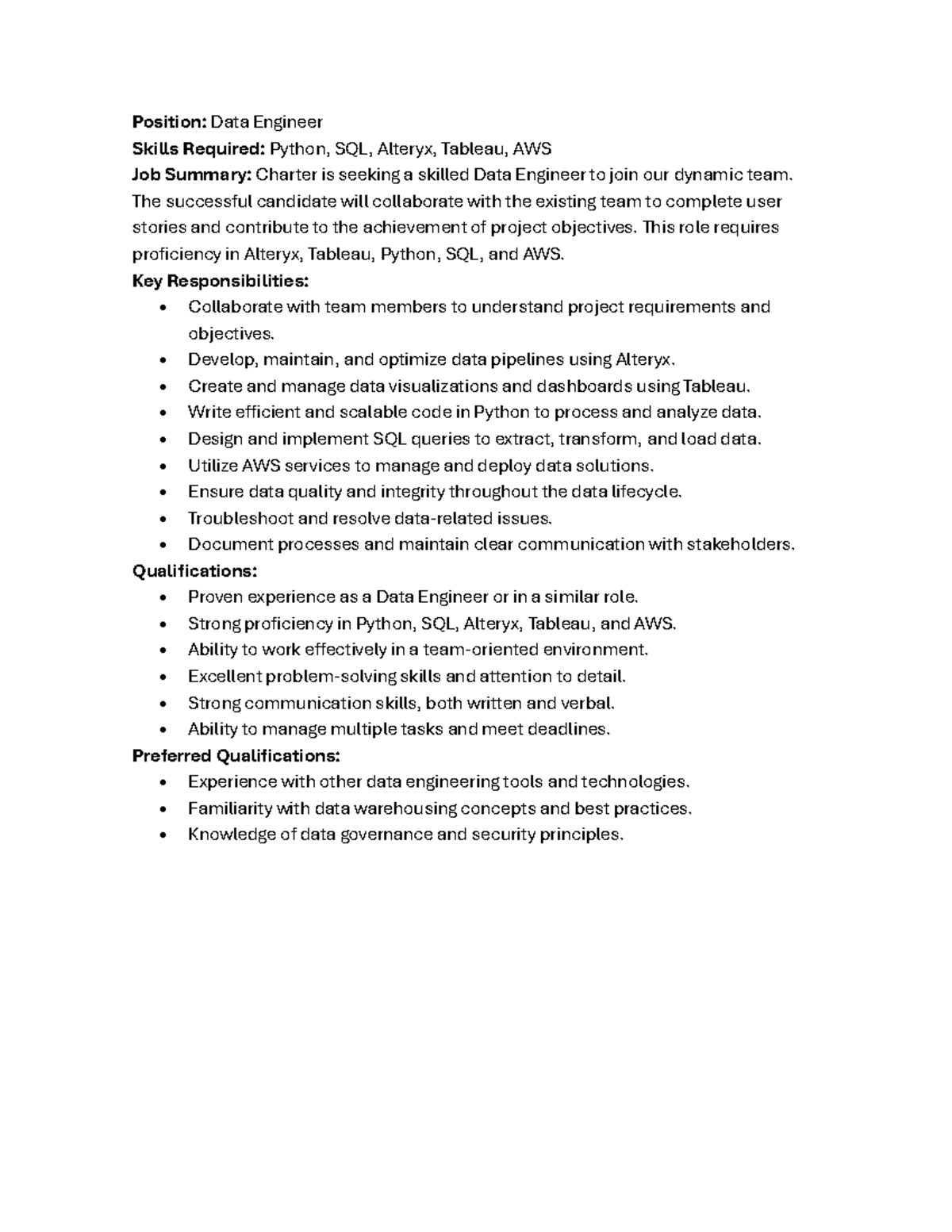 Data Engineer Charter - Position: Data Engineer Skills Required: Python ...