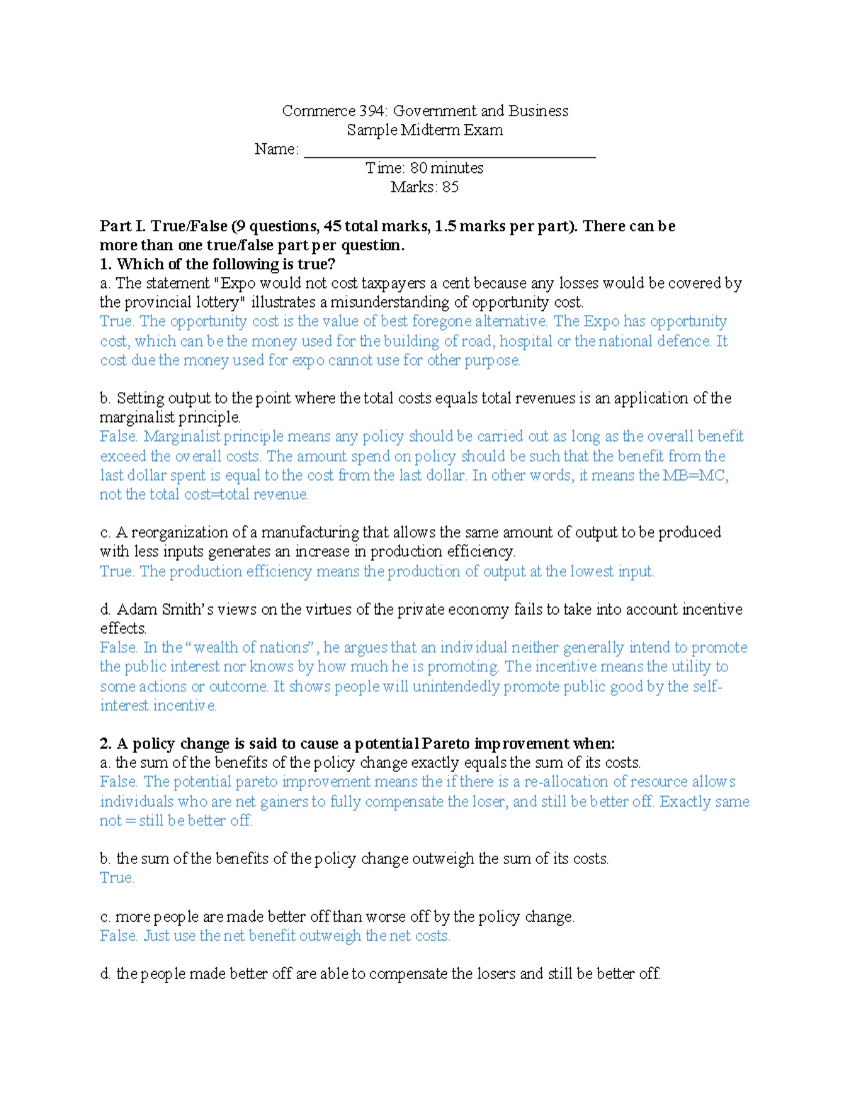 Commerce 394: Sample Midterm Exam Mock 1 with Answers and Solutions ...