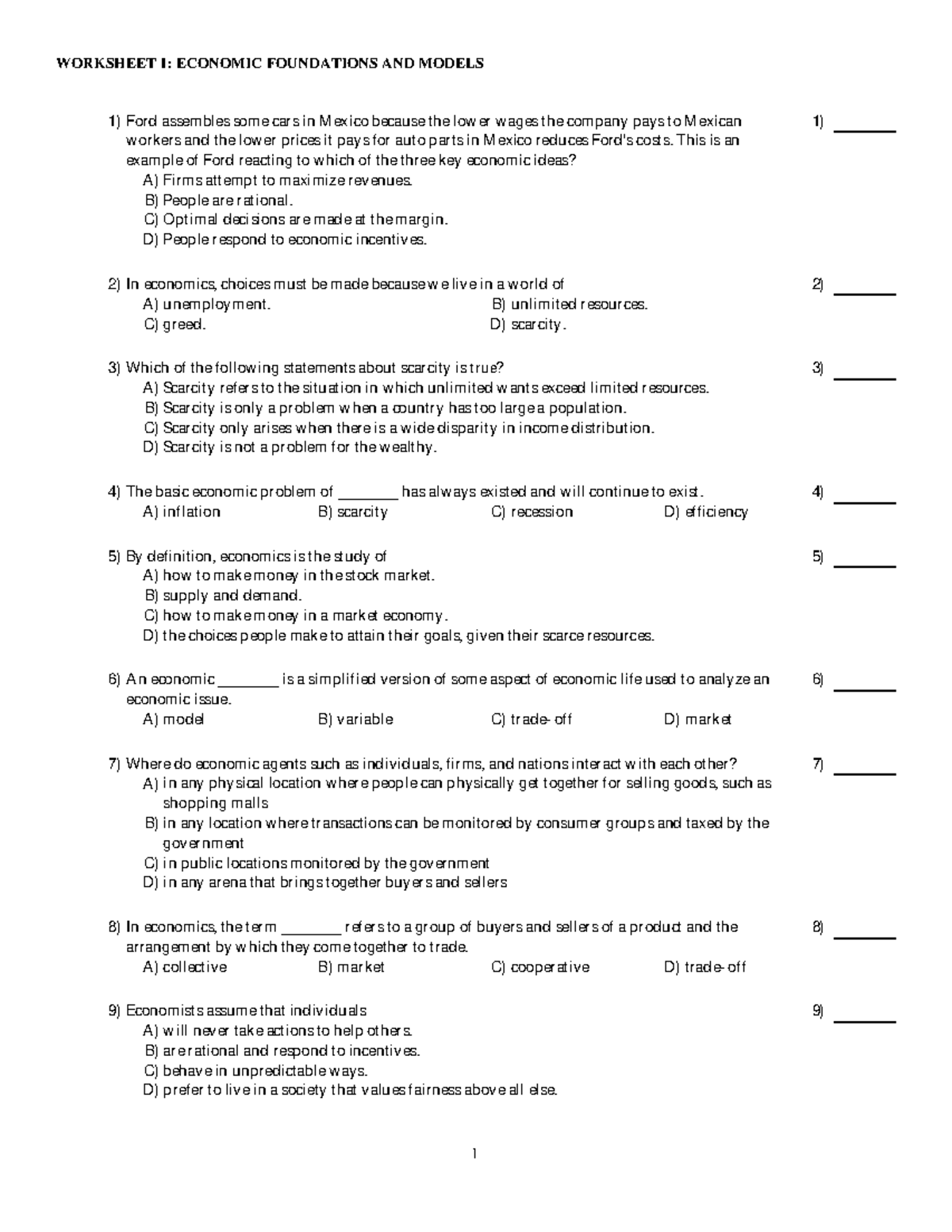 Worksheet 1 foundations (1) - WORKSHEET 1: ECONOMIC FOUNDATIONS AND ...