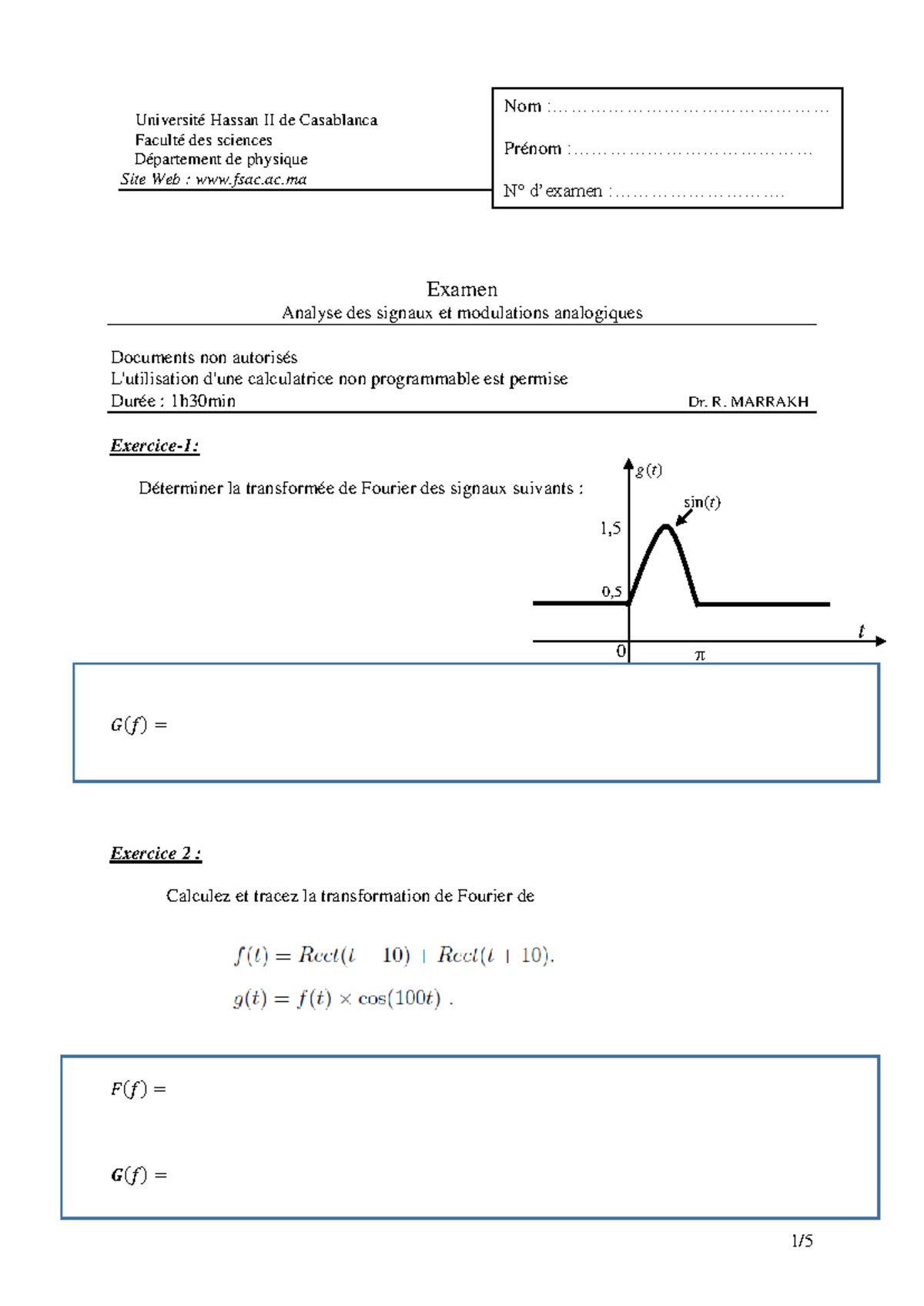 Examen S6 Physique: Analyse des Signaux et Modulations 2020 - Studocu
