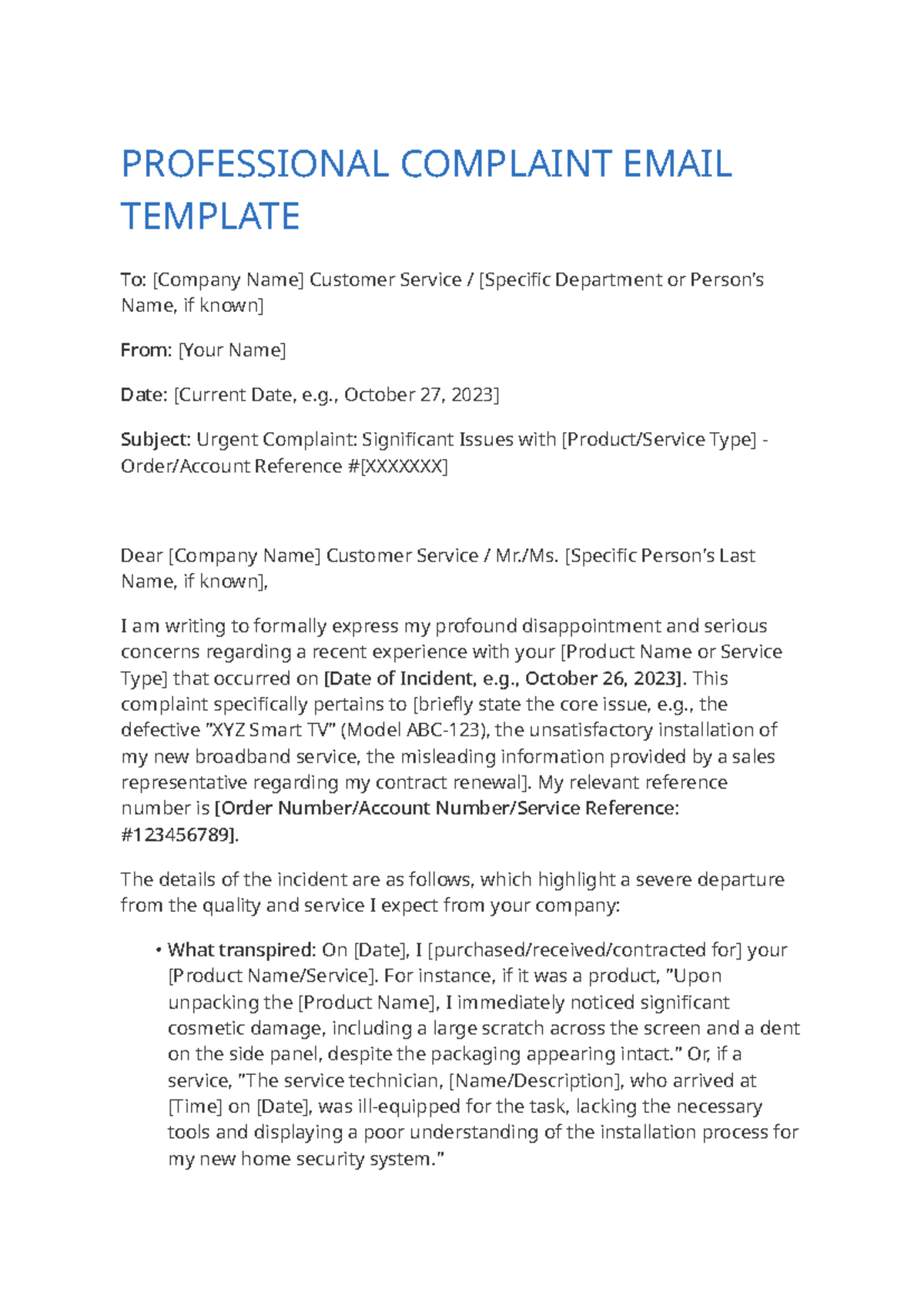 Professional Complaint Email Template: Urgent Issues with Service - Studocu