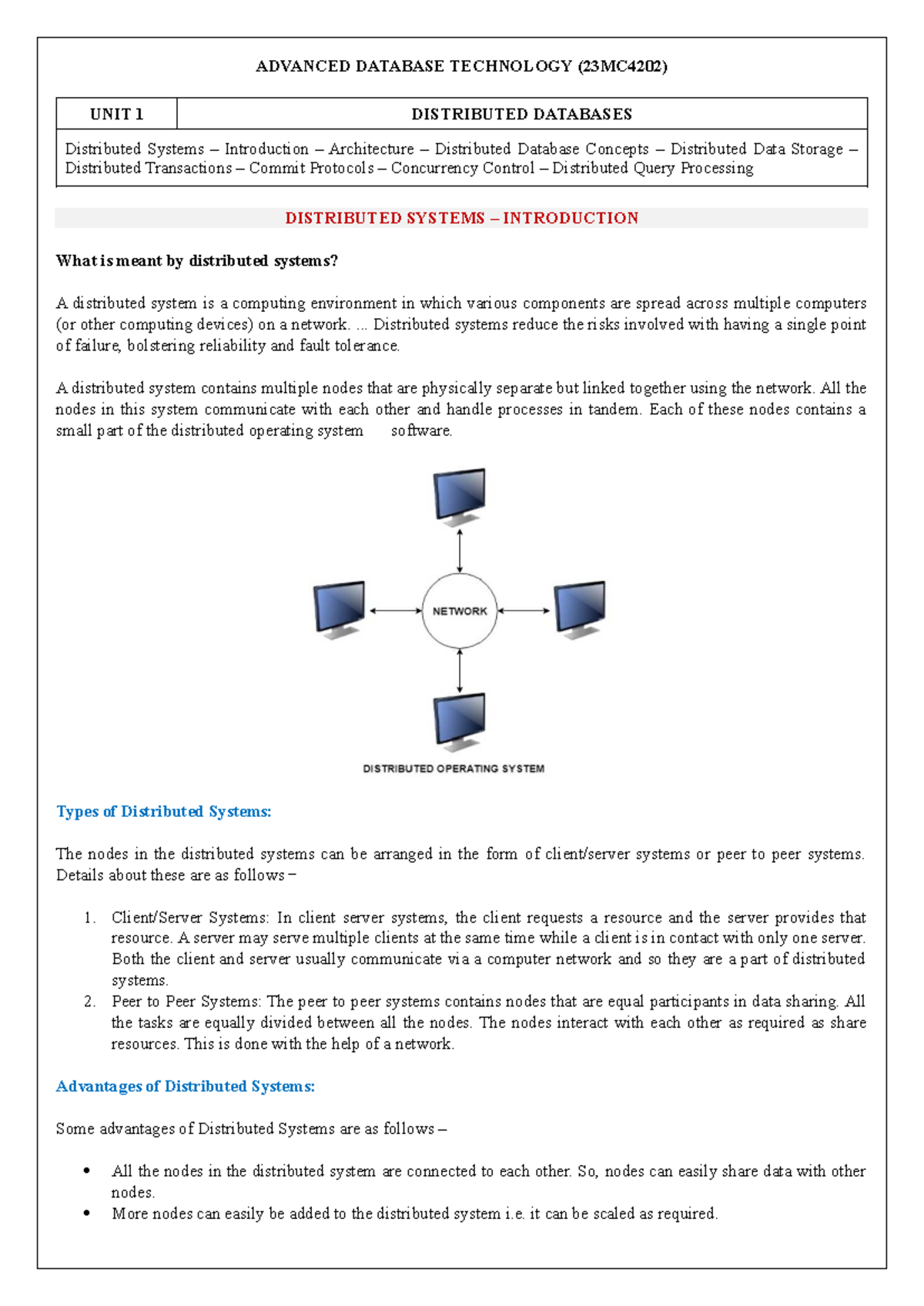 ADVANCED DATABASE TECHNOLOGY (23MC4202) UNIT 1: DISTRIBUTED DATABASES ...