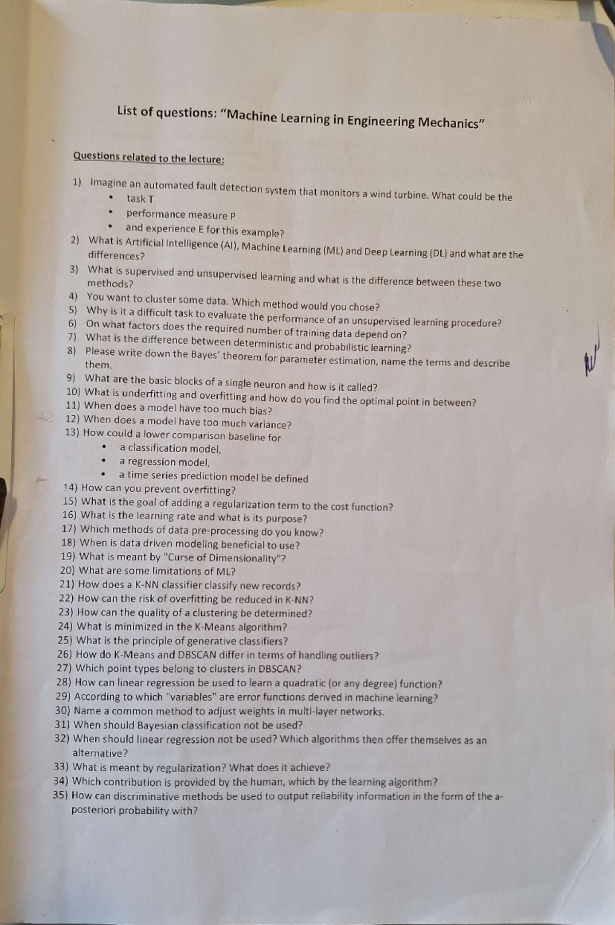 List of Questions: Machine Learning in Engineering Mechanics - Concepts ...
