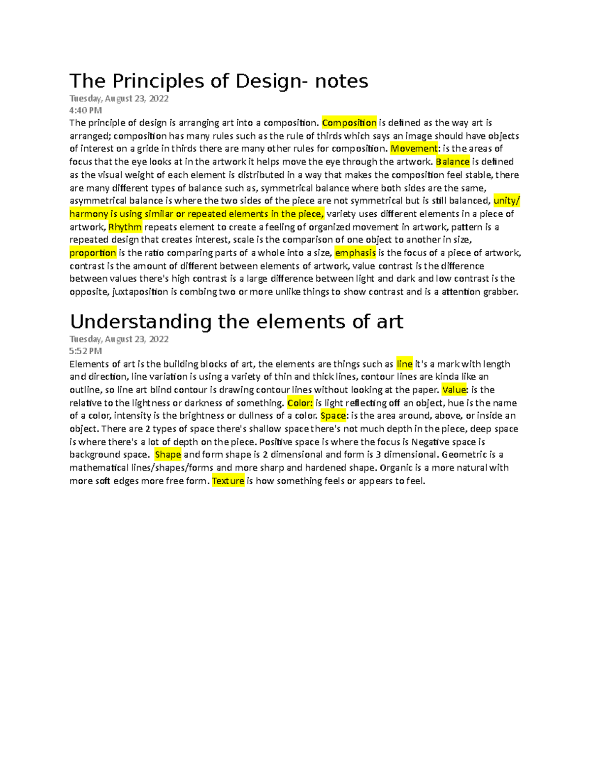Art 101: Principles of Design and Elements of Art Notes - Studocu