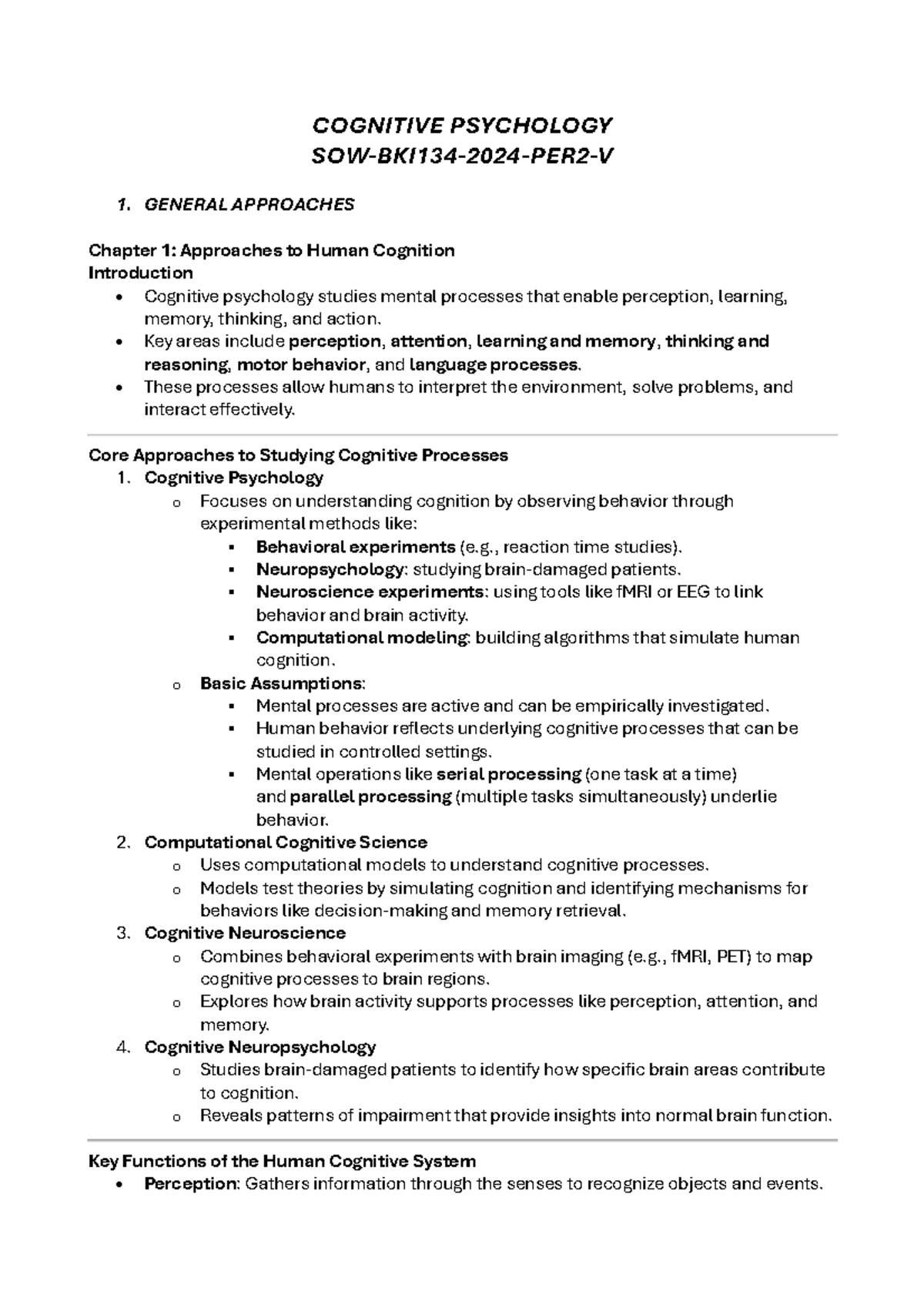 SOW-BKI134 Cognitive Psychology Full Notes - 2024 Lecture Summary ...