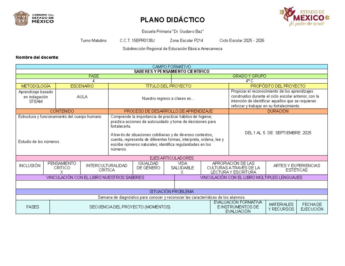 Planeación Didáctica SEM 1: Proyecto de Regreso a Clases 4º C - Studocu