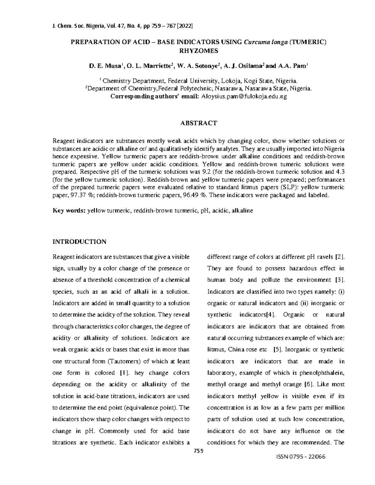 Preparation and Evaluation of Acid-Base Indicators from Curcuma longa ...