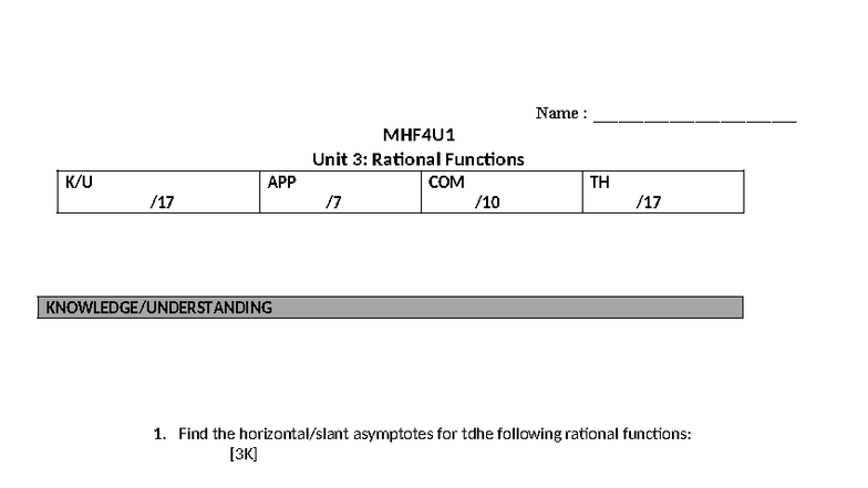 MHF4U1 Unit 3: Rational Functions Test Review and Asymptotes Analysis ...
