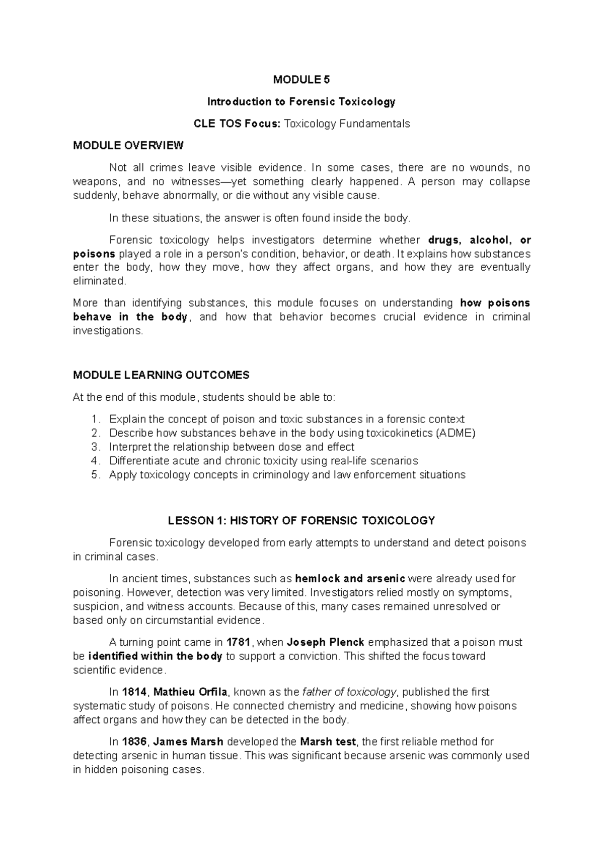 MODULE 5: Forensic Toxicology Fundamentals - CLE TOS Overview - Studocu