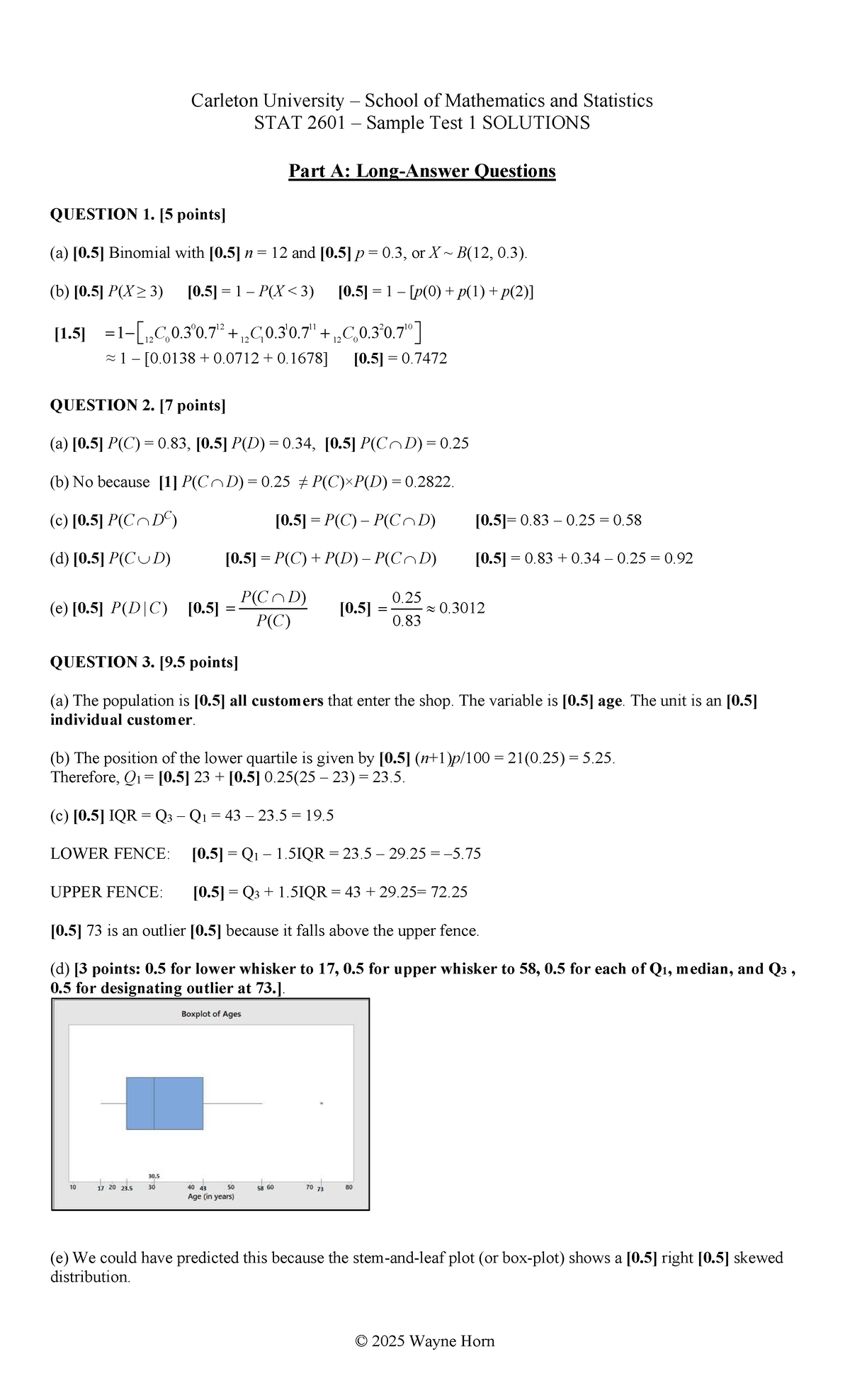 STAT 2601 Sample Test 1 Solutions - Mathematics & Statistics - Studocu