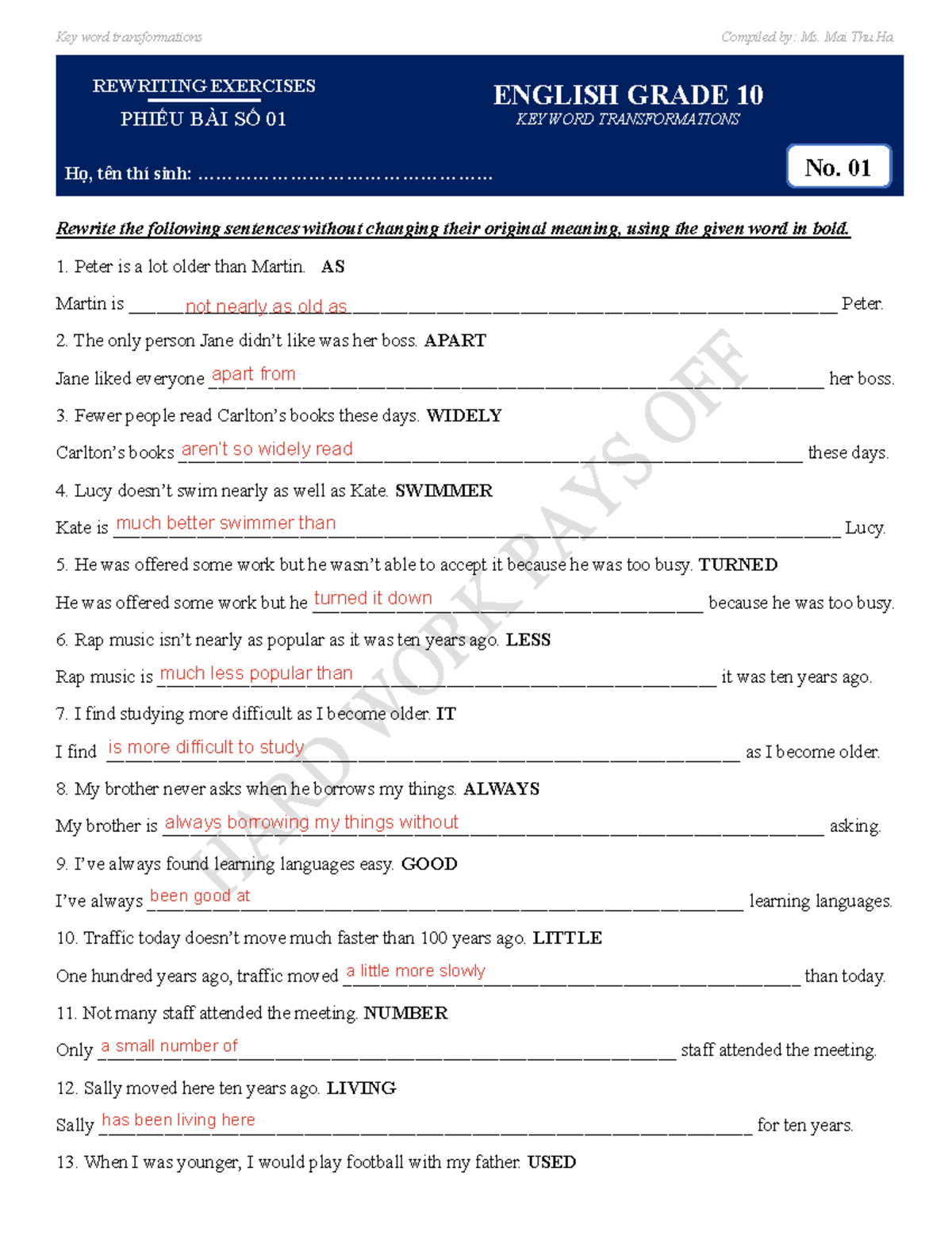 Key Word Transformations Exercises - English 10 - Rewriting 01 - Studocu