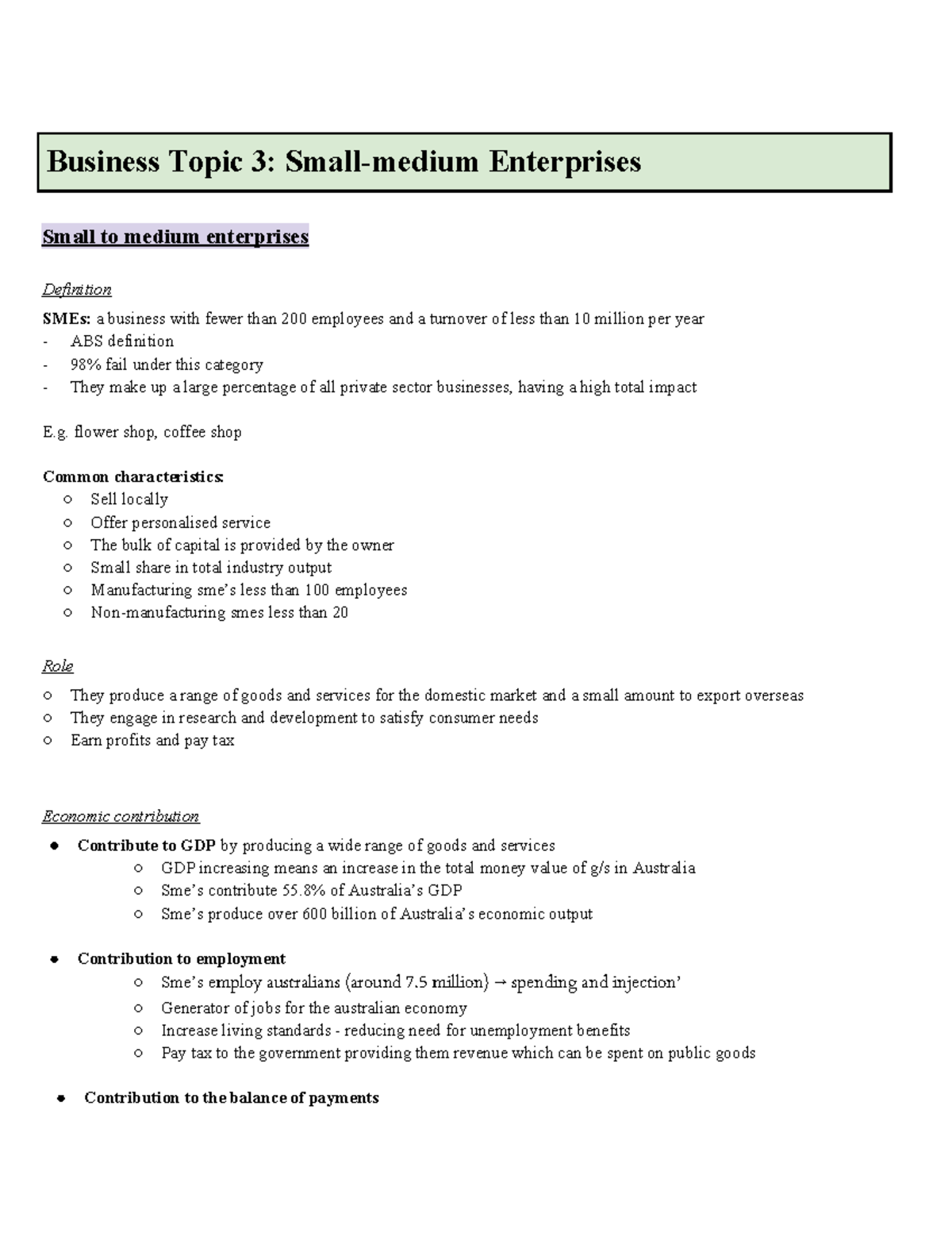 Business Topic 3: Understanding Small to Medium Enterprises (SMEs ...